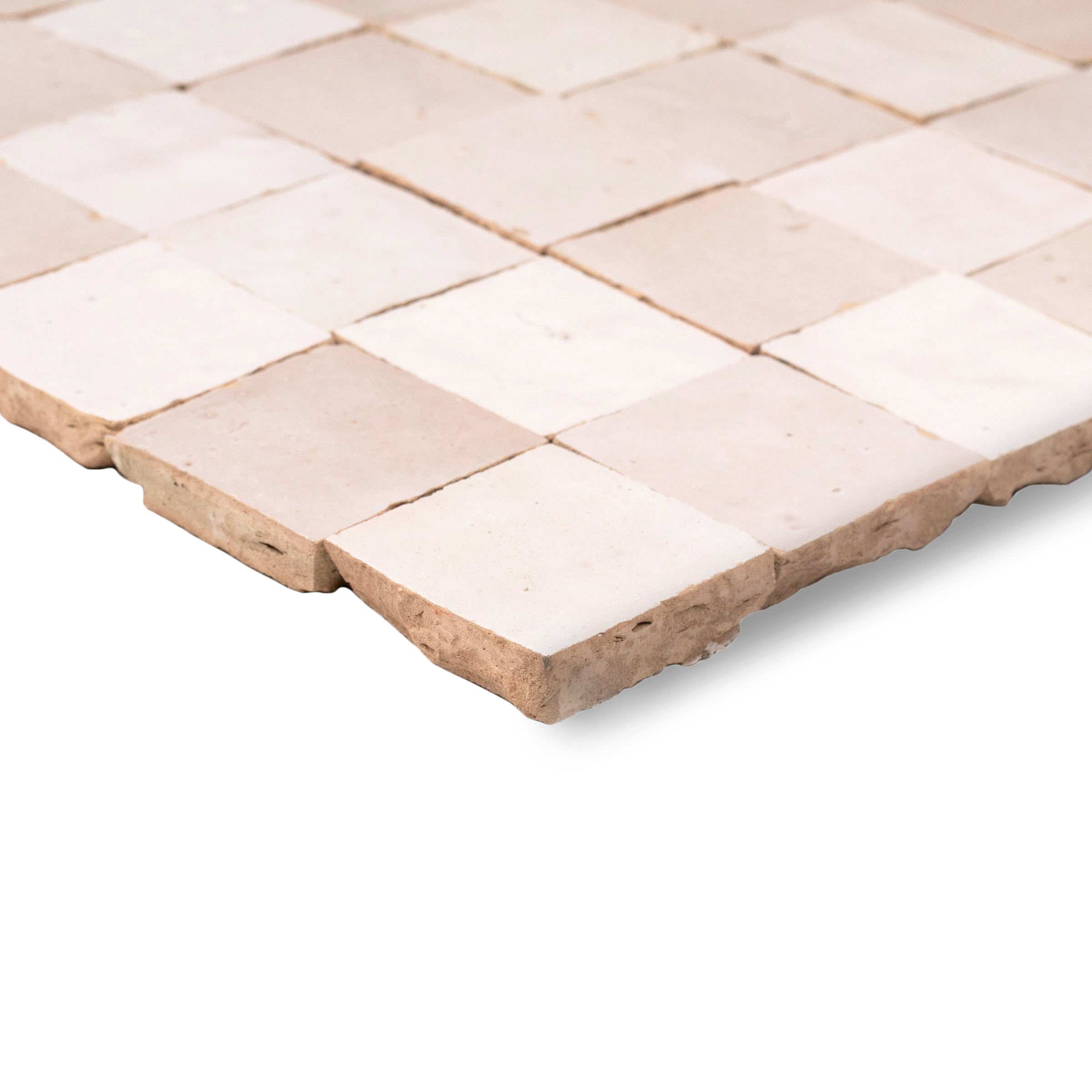 White & Ecru 2x2 Zellige Checkerboard Mosaic in soft white and beige terracotta from Handmade Moroccan Zellige Tiles collection