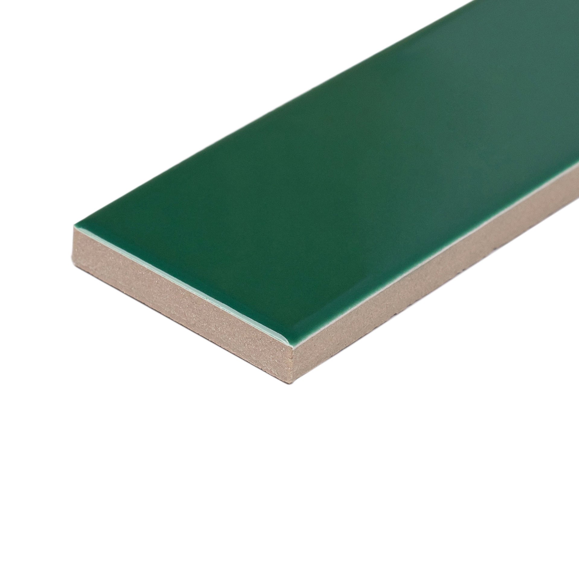 Rectangular porcelain tile in deep emerald green with a glossy surface and clean, gently rounded edges on white background