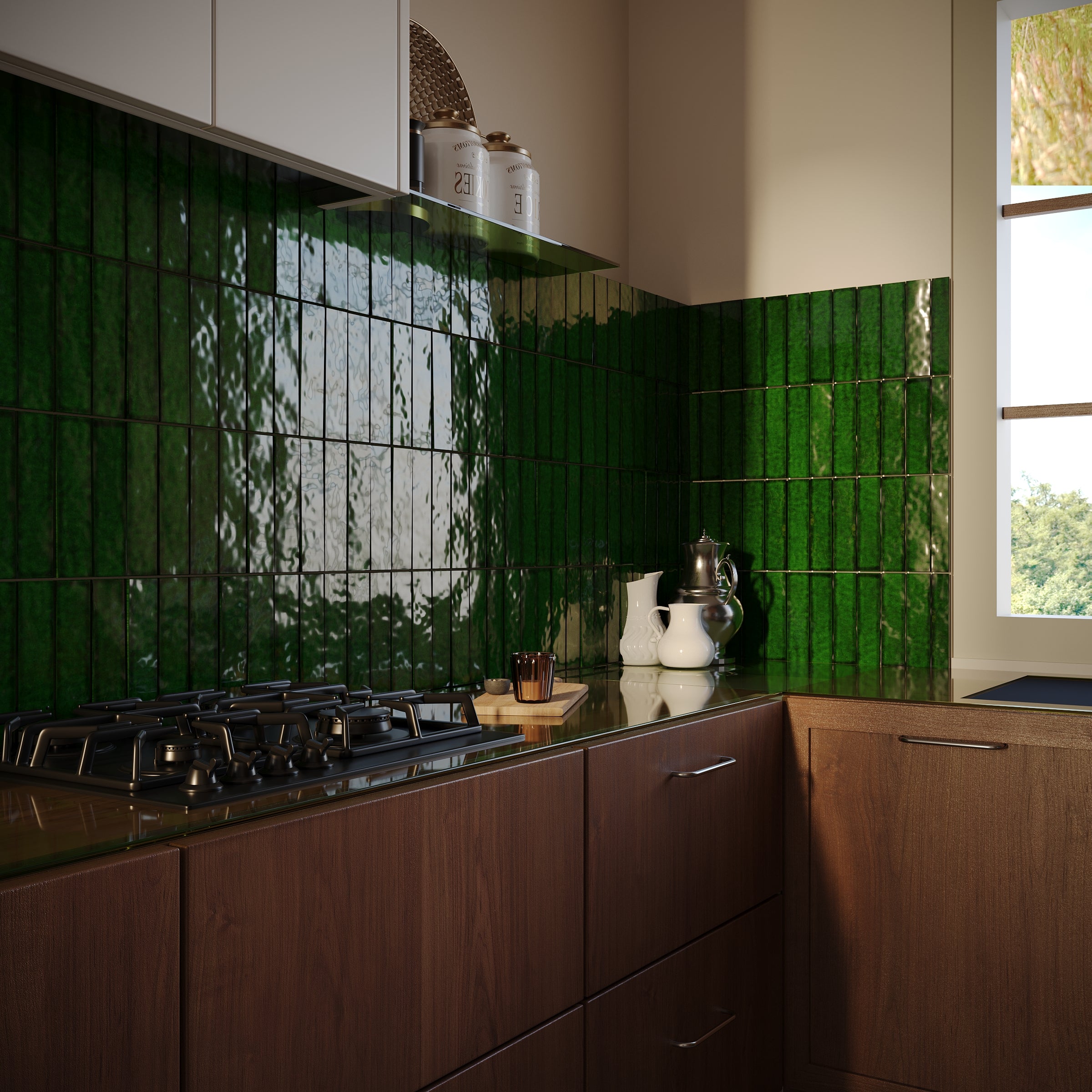 Emerald Glossy Ceramic Tile in green with a glossy finish on kitchen walls from Small Format Tiles and Zel Glazed Ceramic Tiles collections