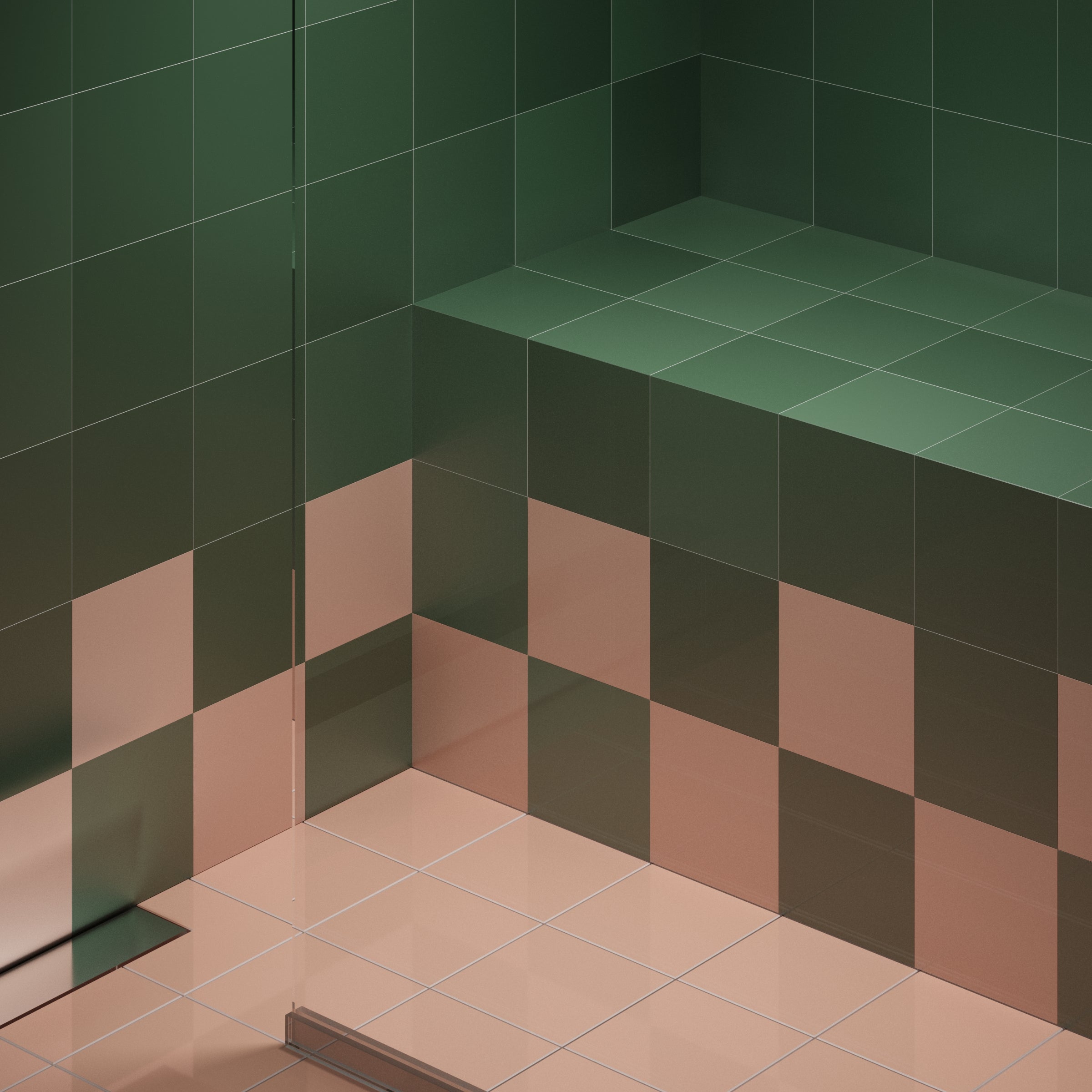 Corner view of a tiled space with a mix of dark green and light pink porcelain tiles in a checkerboard pattern