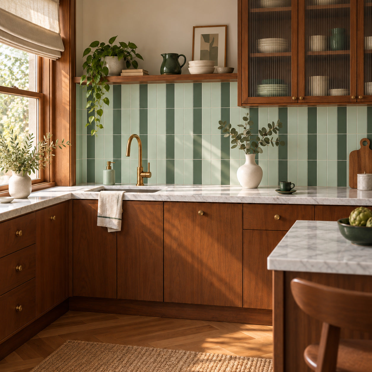 Kitchen with green rectangular tile backsplash wooden cabinets marble countertops sink and potted plants