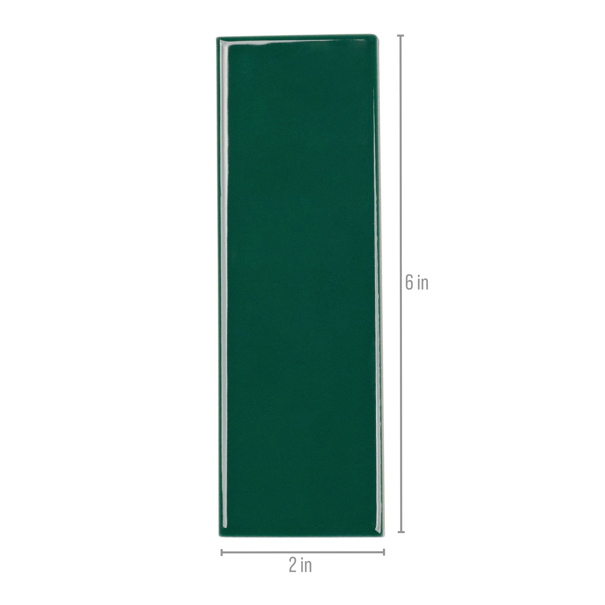 Glossy deep emerald green ceramic tile with smooth surface and rounded edges shown with size indicators