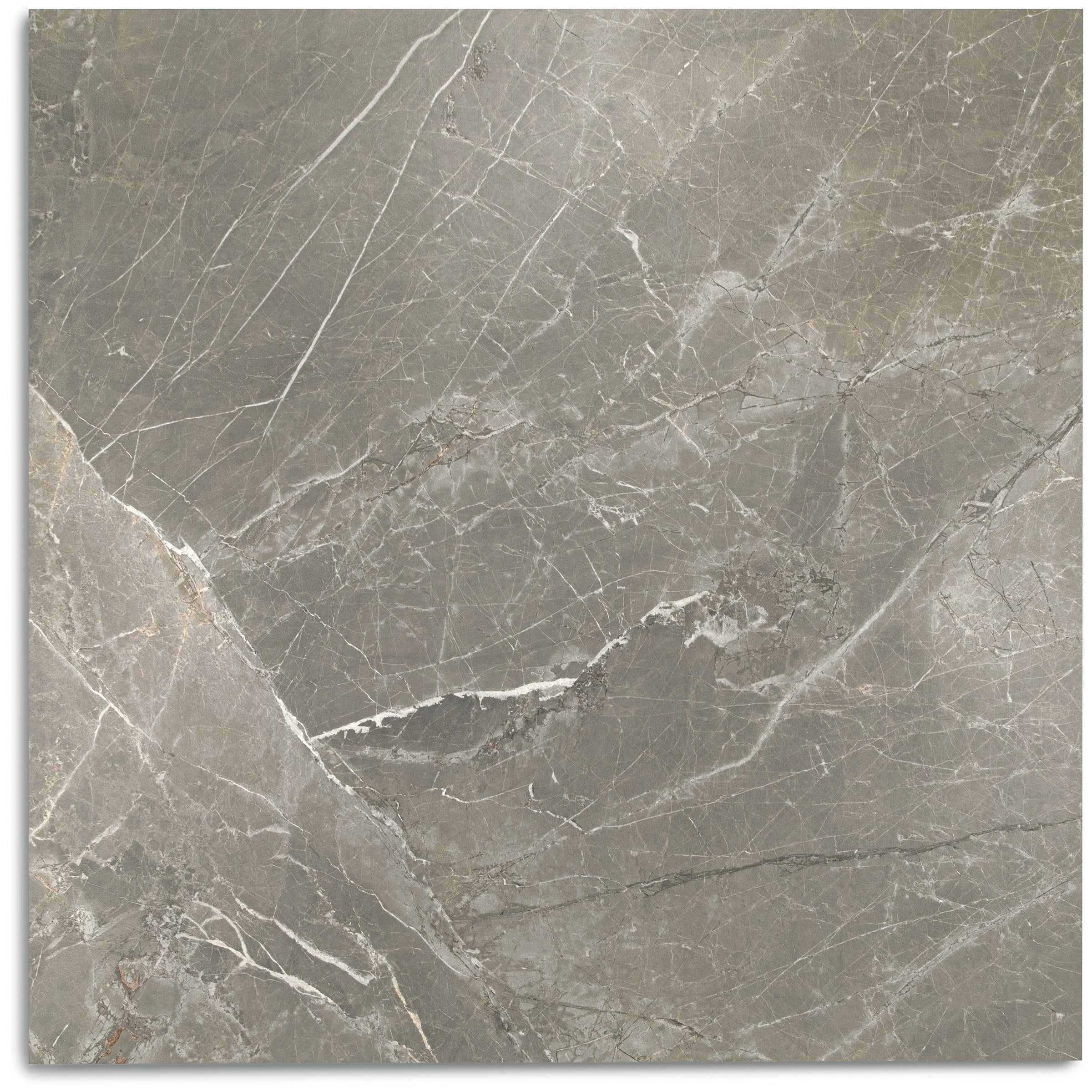 Textured porcelain tile in warm gray tones with intricate white and beige veining inspired by natural stone patterns