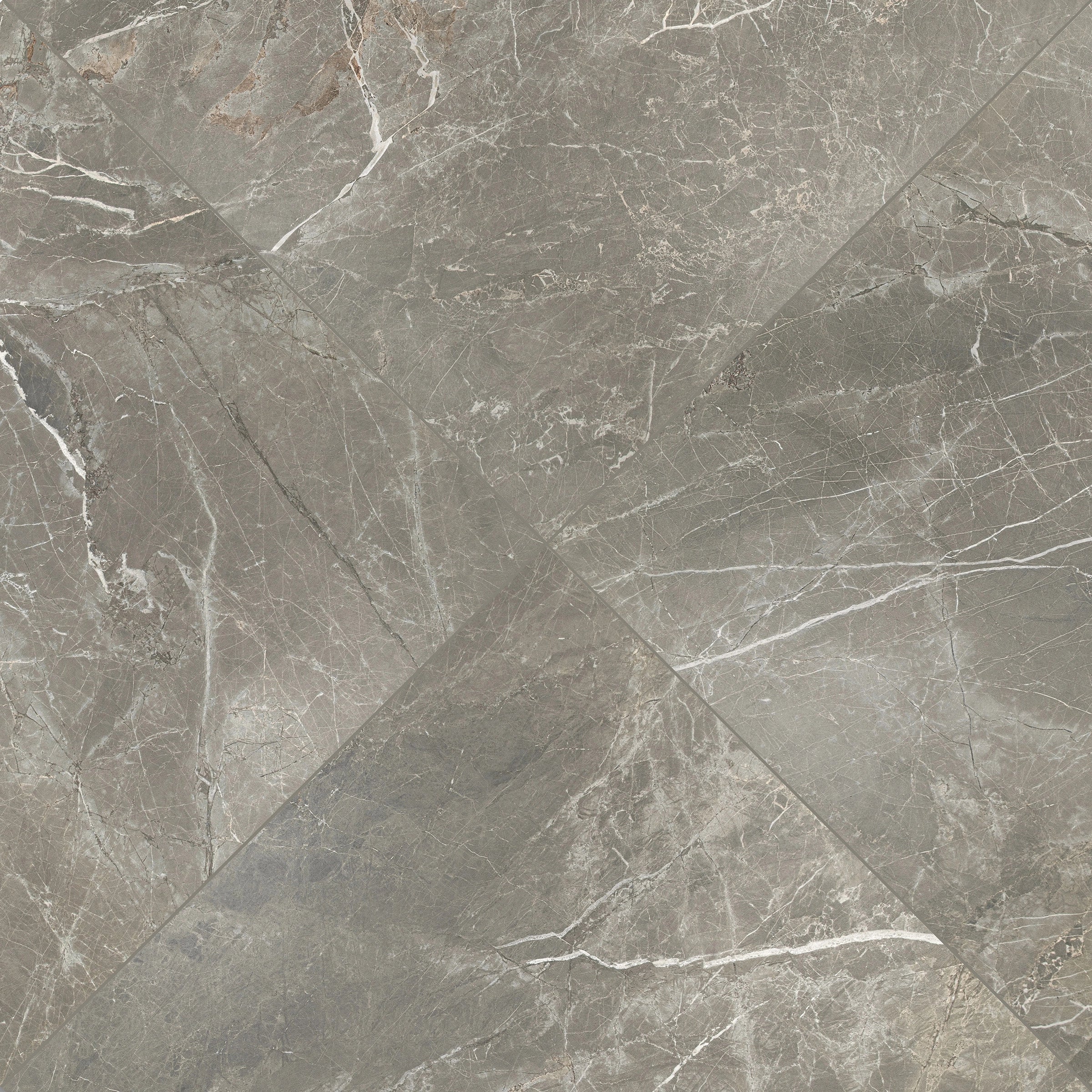 Close-up of matte gray porcelain tile with natural stone-inspired texture and delicate white veining patterns
