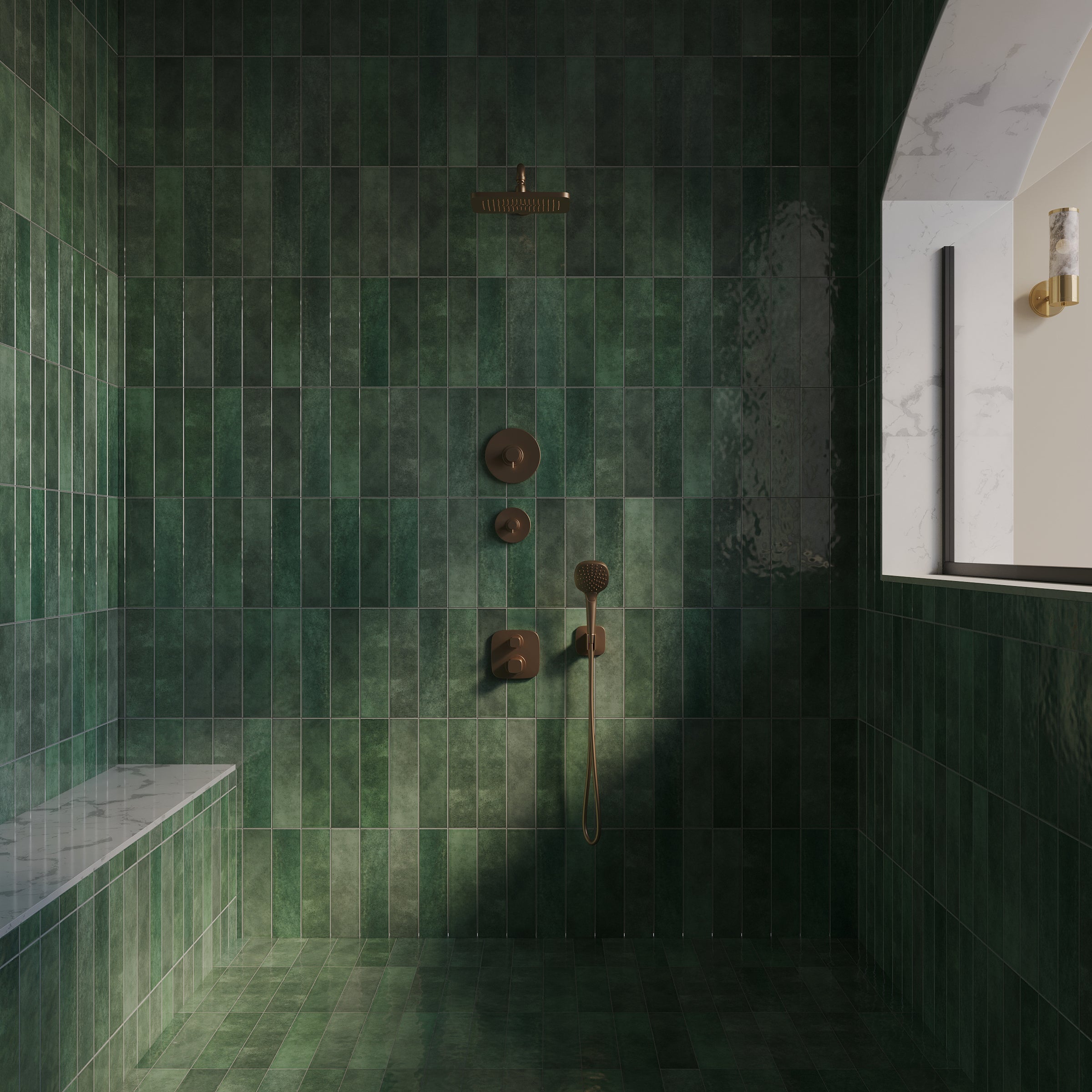 Matte green ceramic tiles with subtle texture covering a modern shower space featuring bronze fixtures and a marble bench