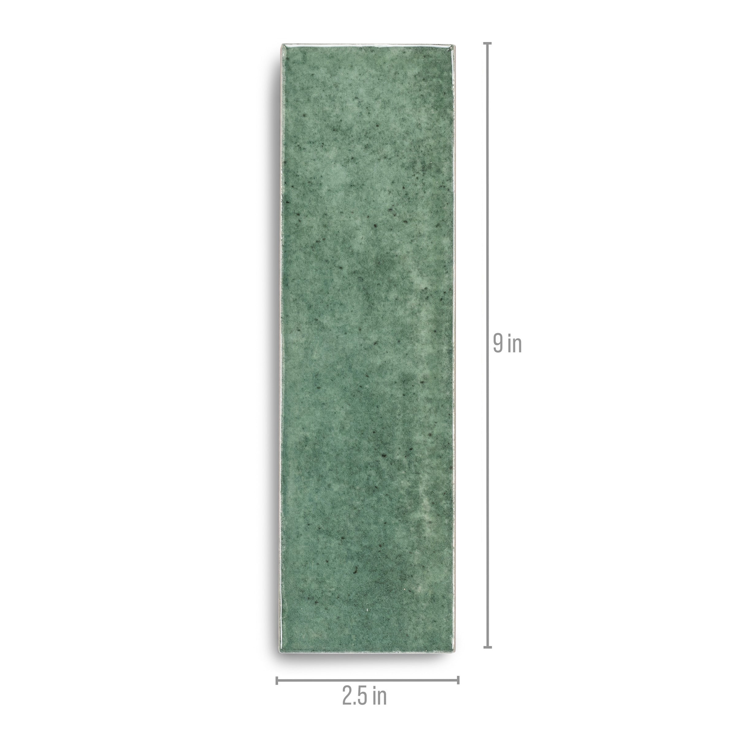 Rectangular ceramic tile in muted forest green with matte finish and size markings on a white background