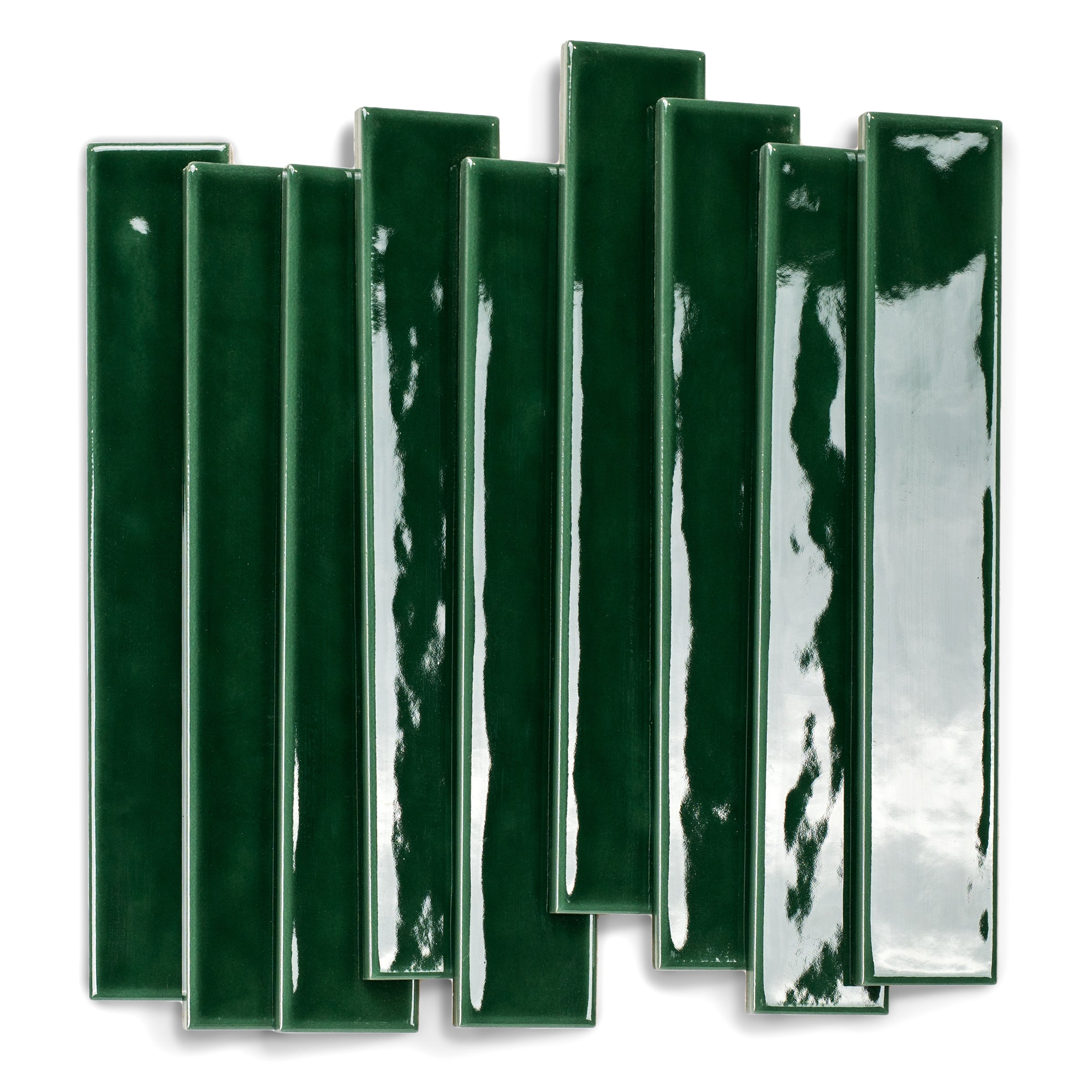 Glossy deep forest green ceramic tiles with elongated rectangular shape shown on a white background for inspiration