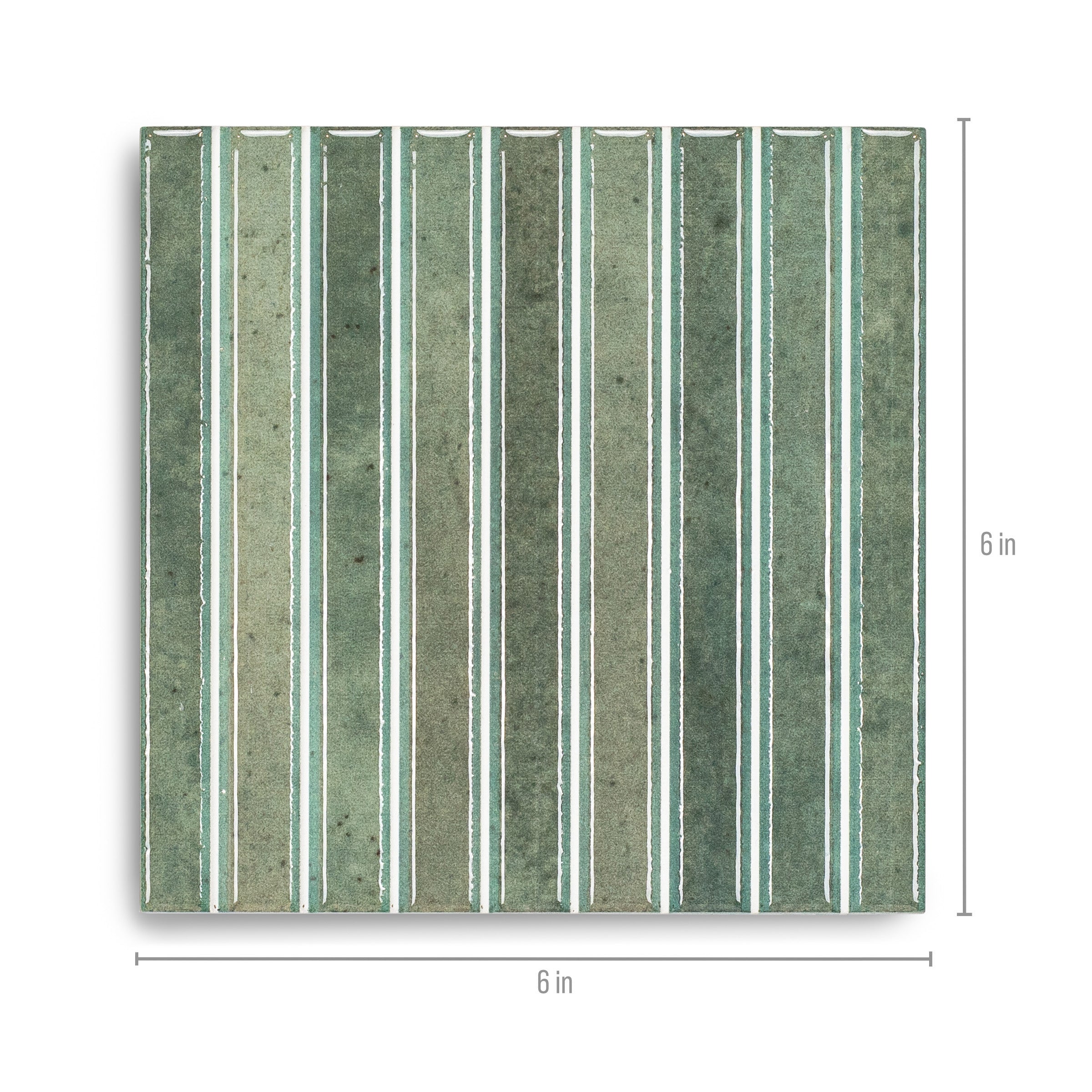 Square green ceramic tile with alternating stripes of varying shades and thin white grout lines