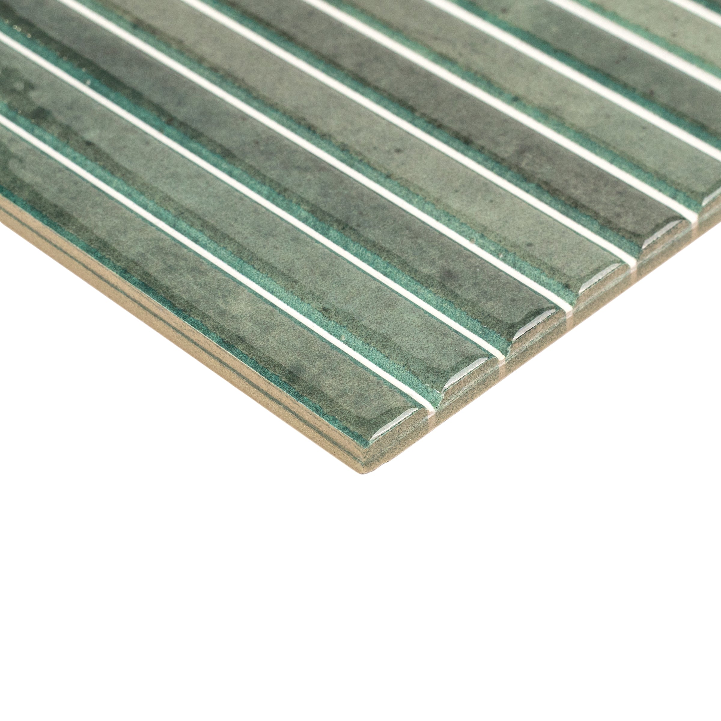 Green rectangular ceramic tile with raised ridges and subtle gloss on a white background for flooring or wall use