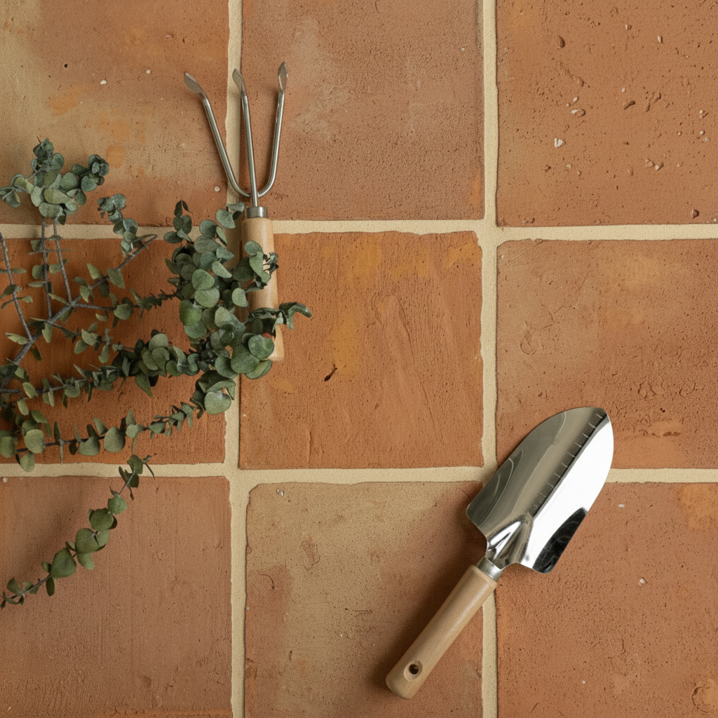Terracotta square tiles with natural texture alongside metal gardening fork and trowel with wooden handles and eucalyptus sprig