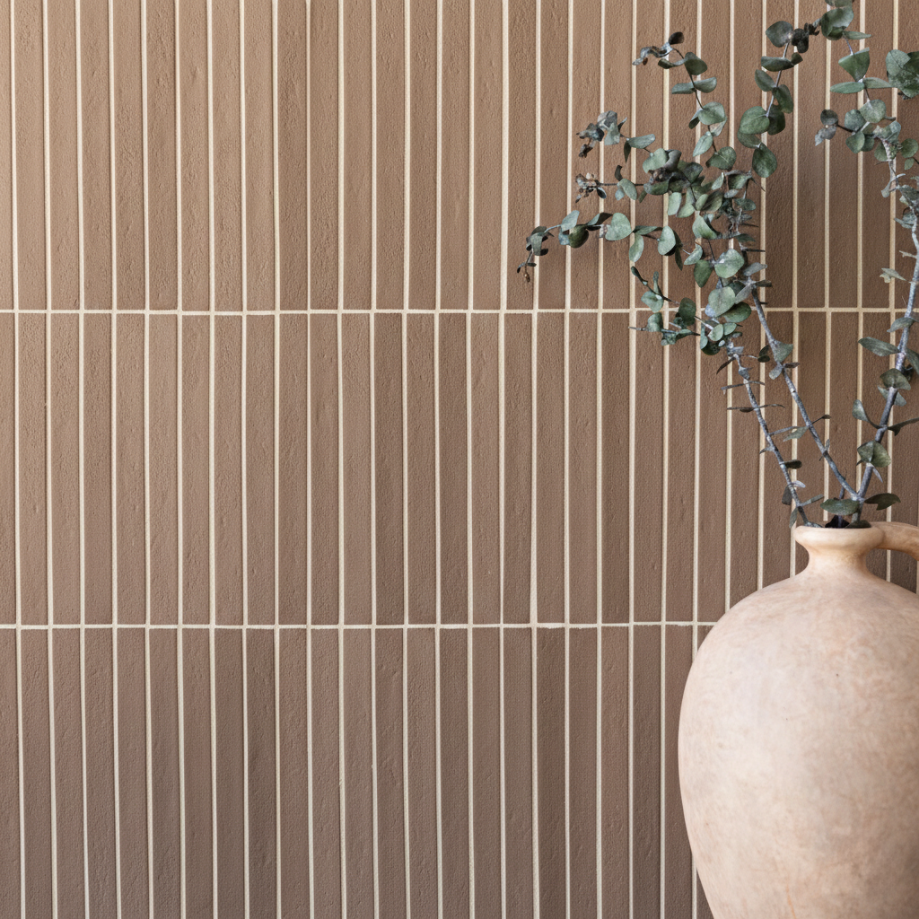Tall matte rectangular ceramic tiles in soft brown with thin vertical white grout lines and a beige vase with eucalyptus branches