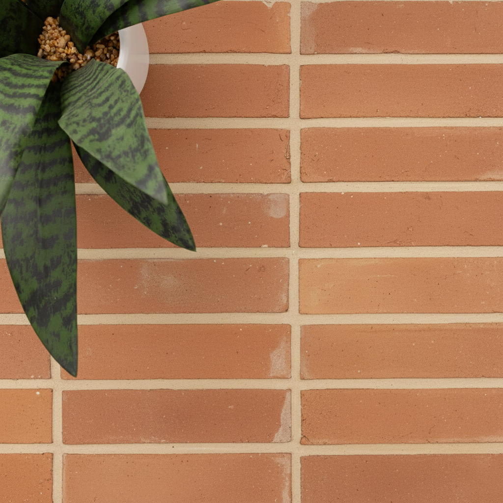 Top view of green variegated plant leaves in white pot placed against a horizontal reddish-brown brick wall background.