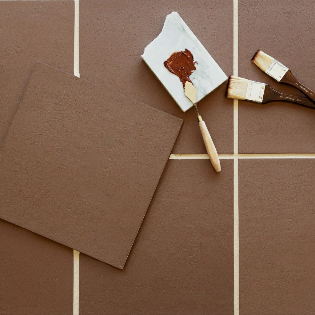 Large matte brown ceramic tiles with light grout lines alongside a marble palette knife and two paintbrushes with brown paint