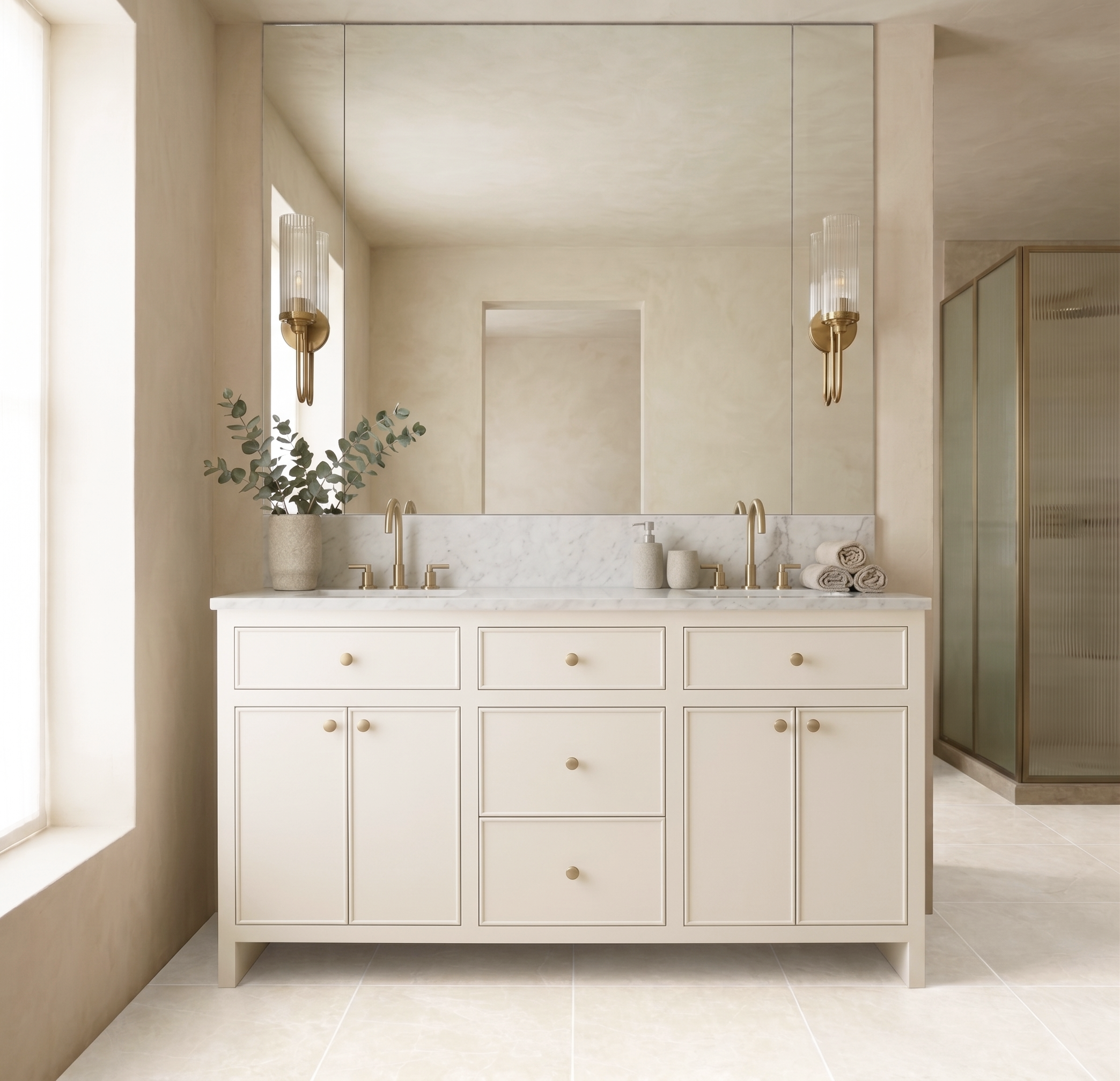 Minimalist bathroom vanity with marble countertop, brass fixtures, large mirror, and soft beige tile flooring.