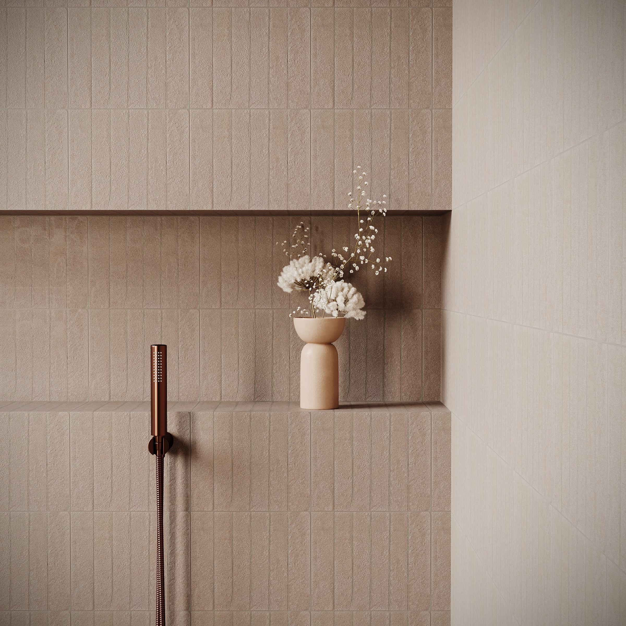 Greige Porcelain Tile in warm beige, white, and gray tones from Gaia Porcelain Tile and Small Format Tiles collections