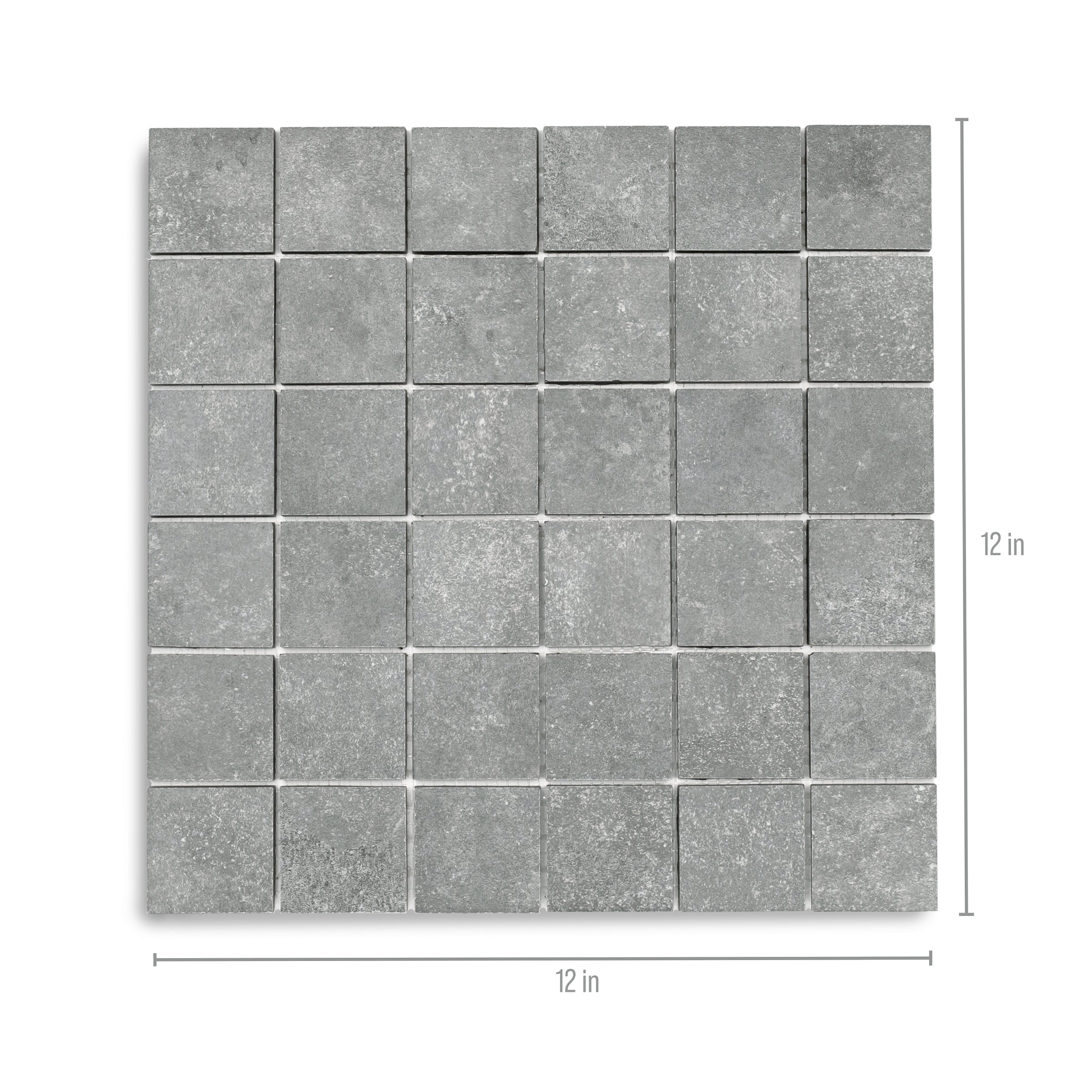 Square gray porcelain mosaic tiles with a subtle cement texture arranged in a 12 by 12 inch grid panel