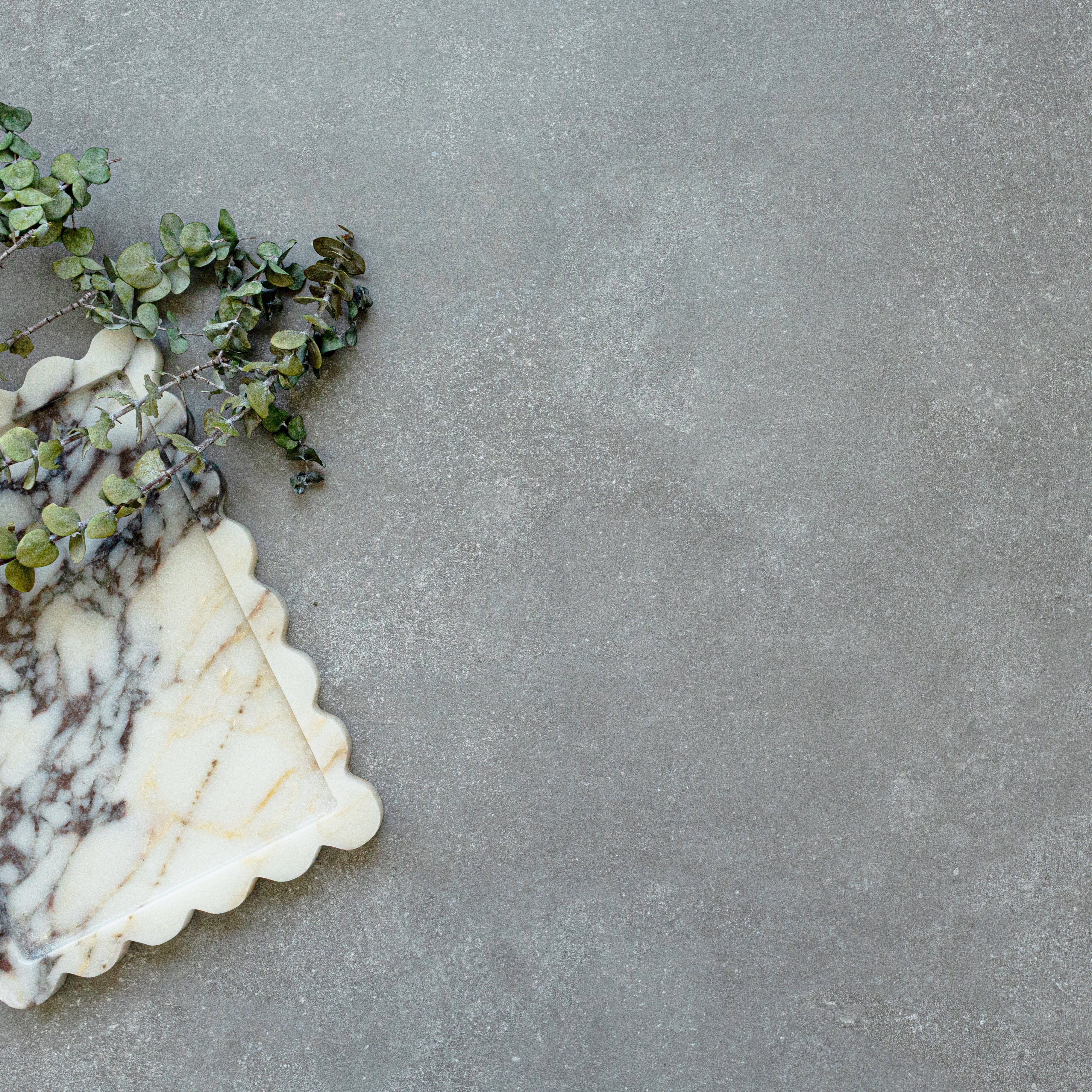 Smooth gray porcelain tile with subtle cement texture beside a scalloped marble tray and eucalyptus sprigs