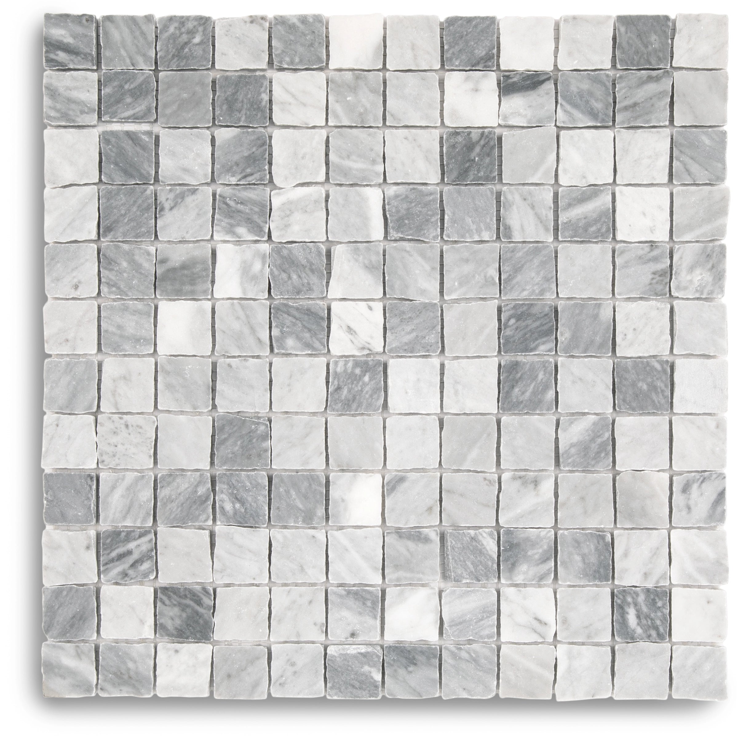 Hand-chipped marble mosaic tiles in varying shades of soft gray and white arranged in a grid pattern