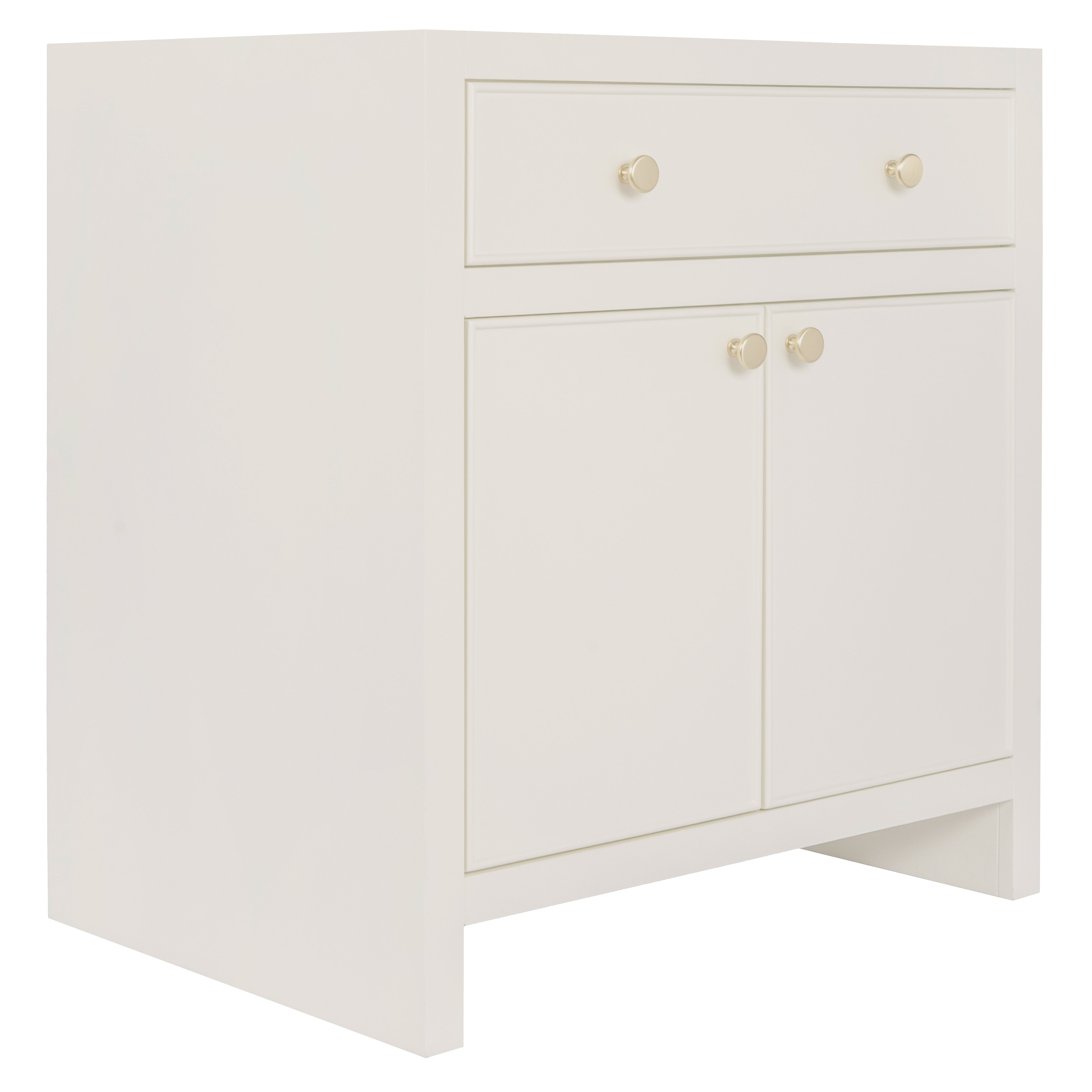 Cream-colored wooden cabinet with a single drawer and double doors featuring round brass knobs in a simple design