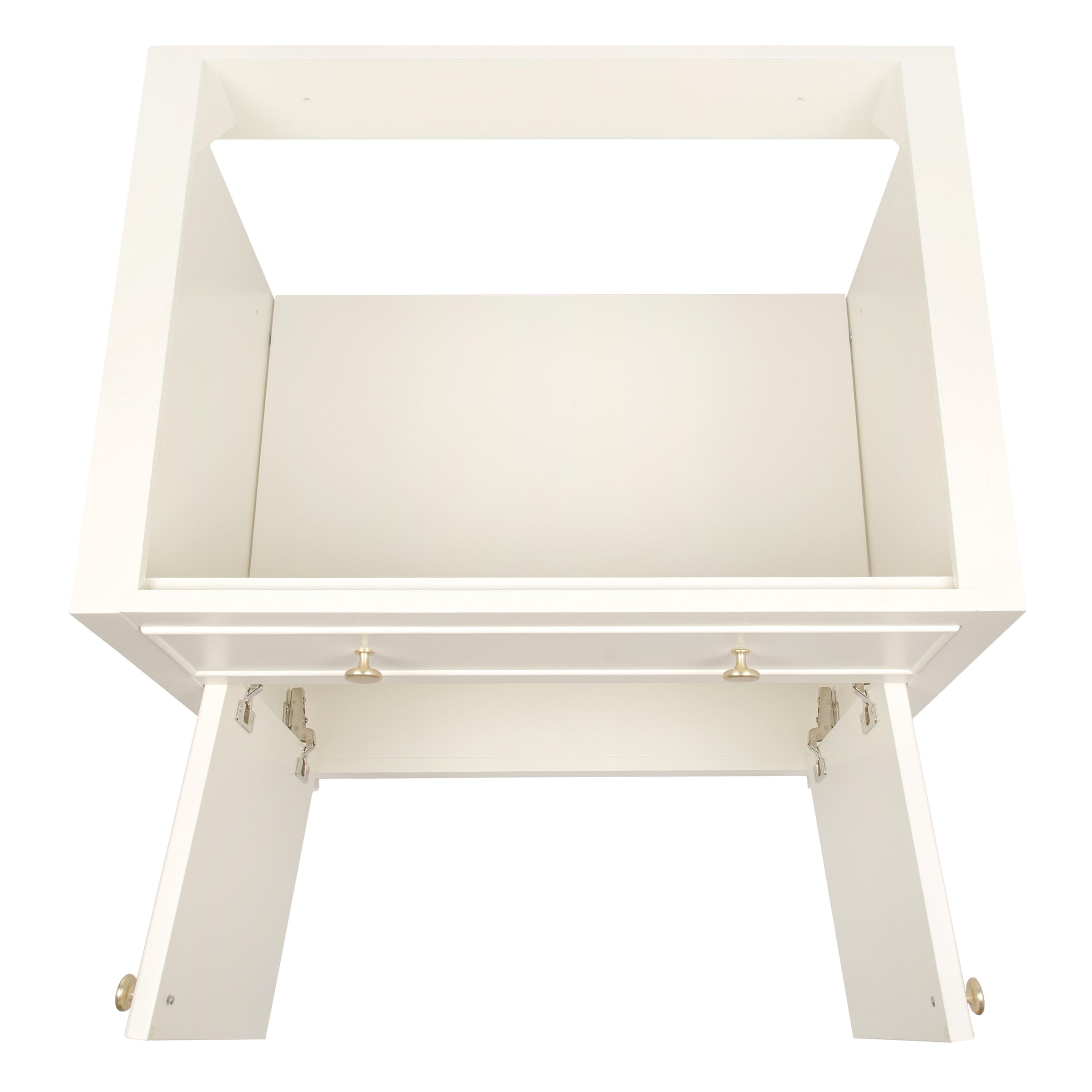 White open wooden cabinet with drawer and side doors shown from above on white background