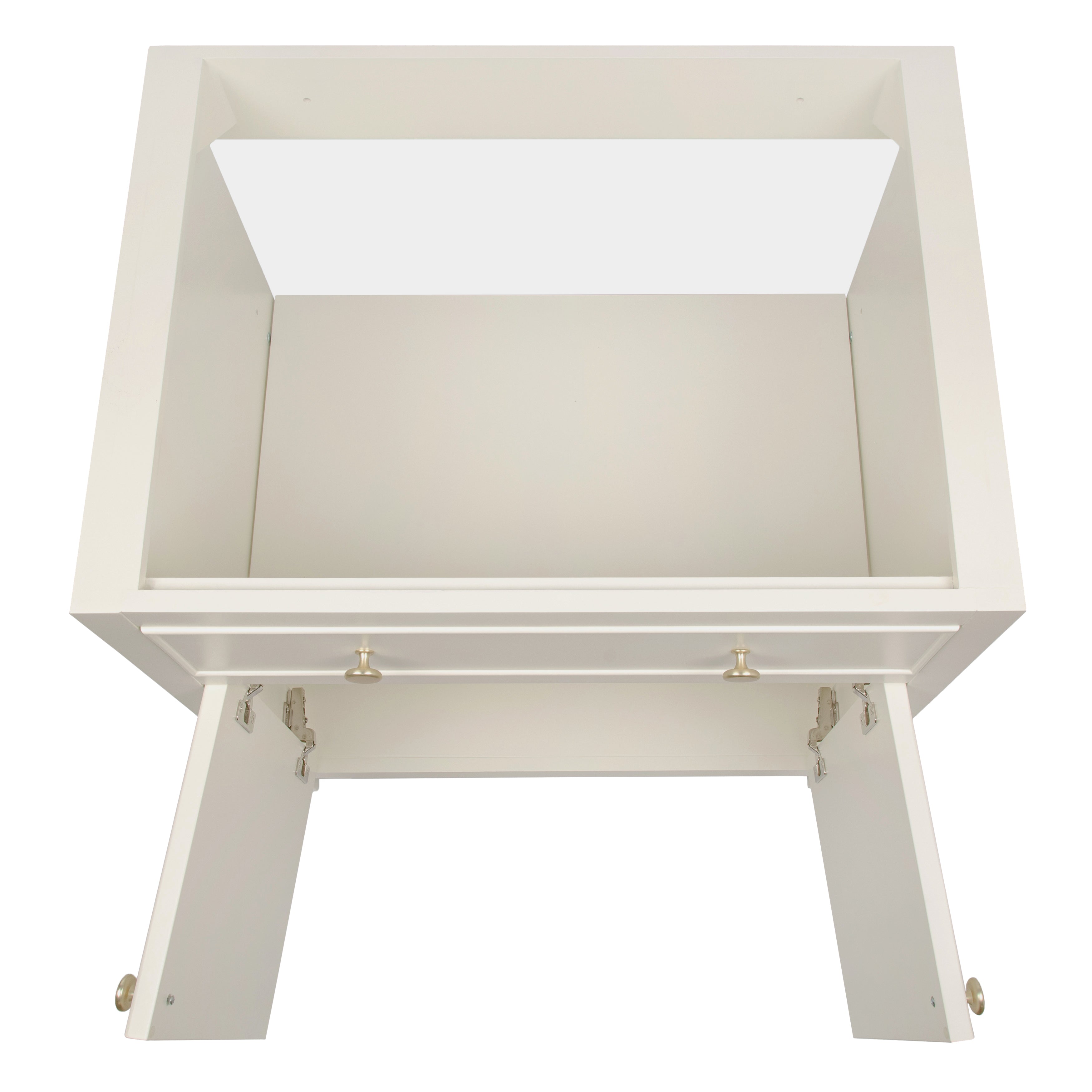 Top-down view of a cream-colored wooden vanity frame with a single drawer front and open side cabinet doors showing hardware details.