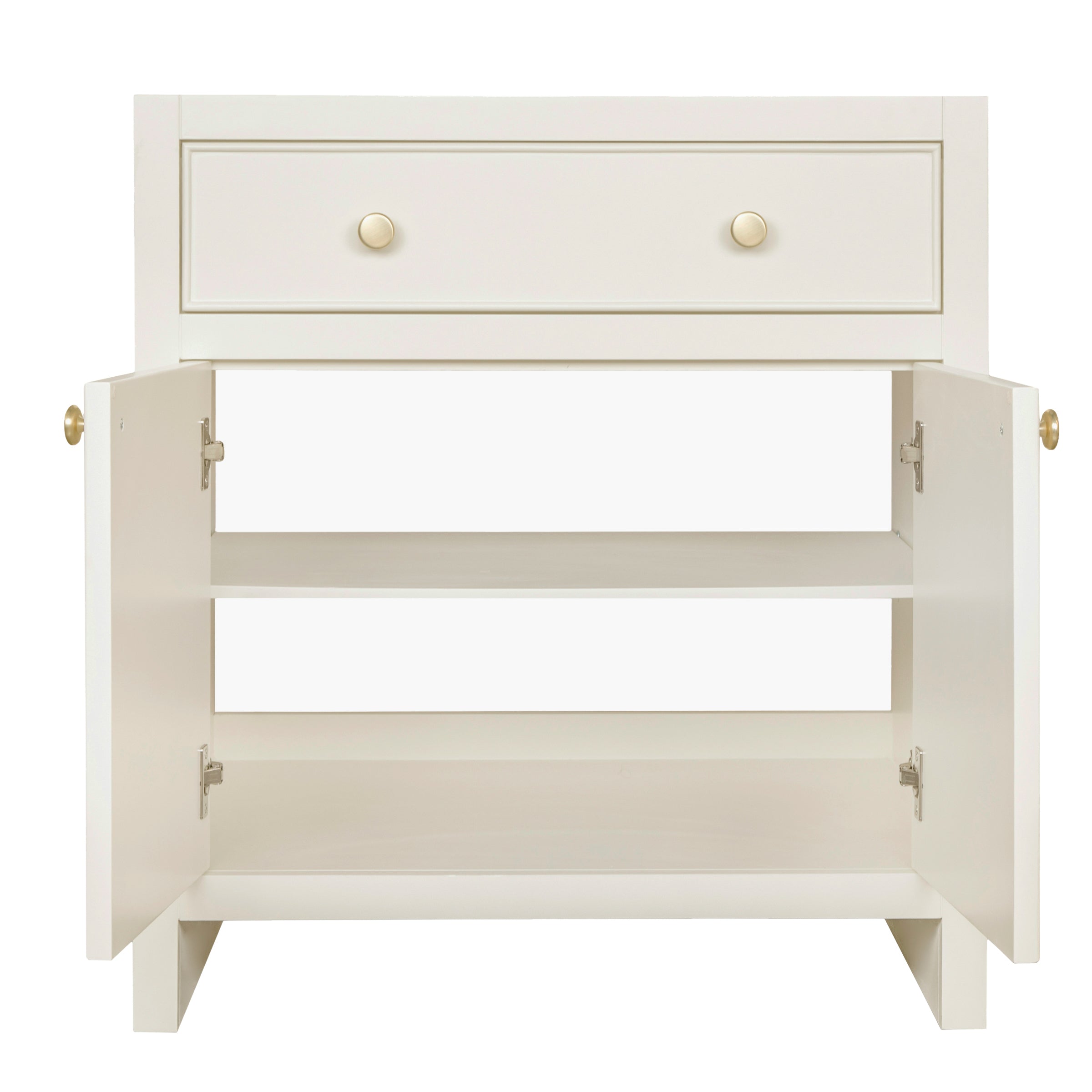 Cream-toned wooden cabinet with brass knobs featuring an open two-door design and a single drawer above two shelves inside