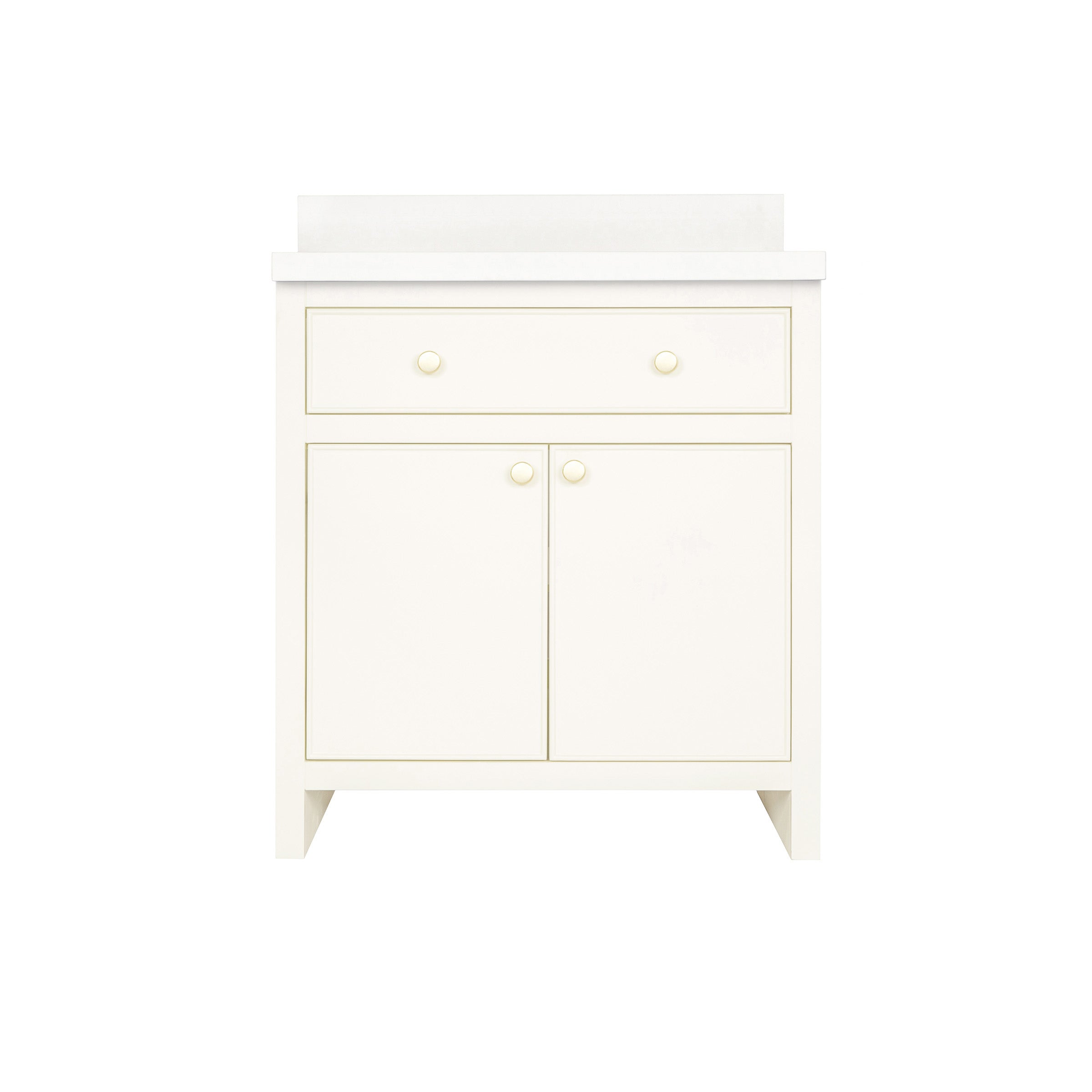 The Harlow Bathroom Vanity in white with inset doors, round knobs, and a timeless transitional design.