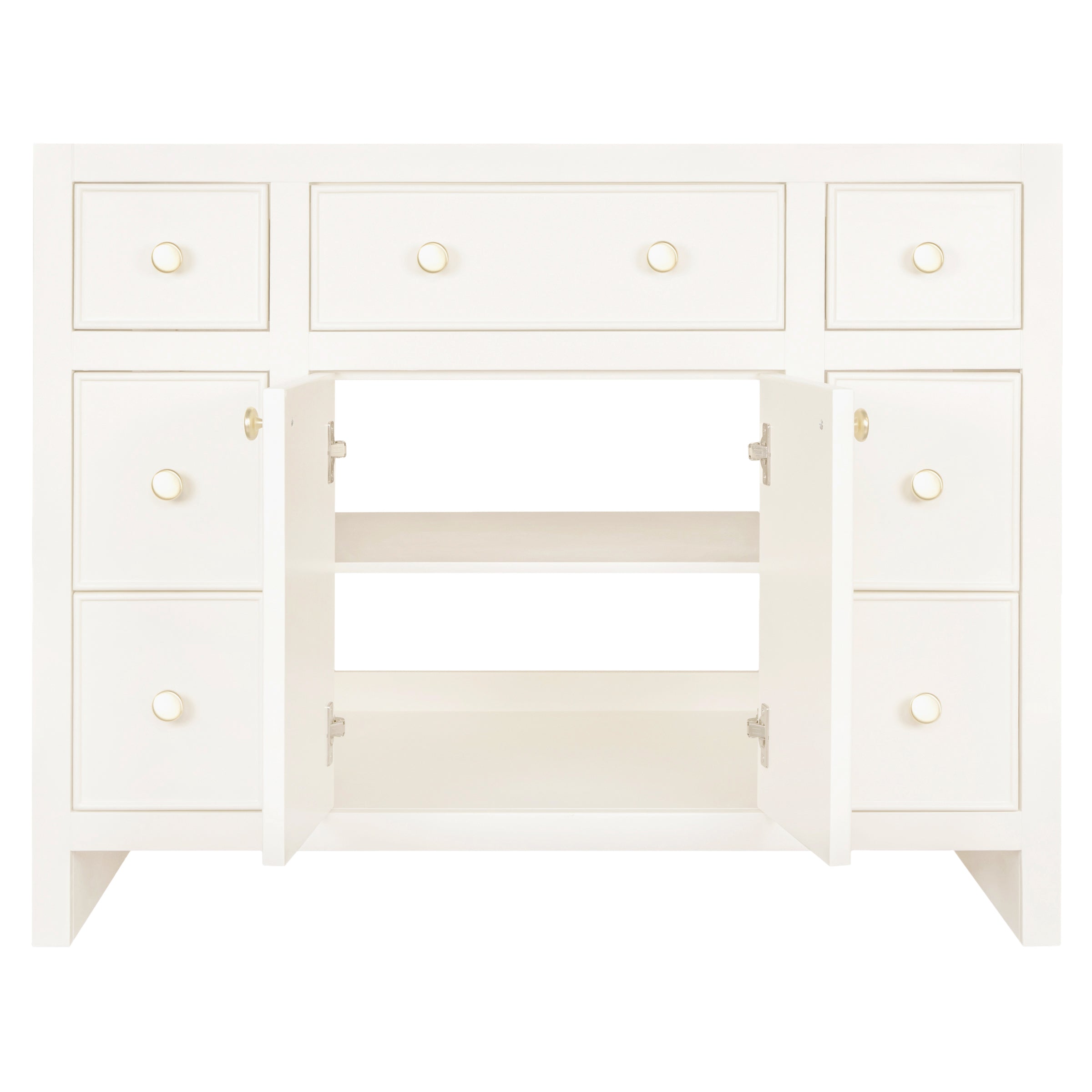White wooden storage cabinet with multiple drawers and two central doors open showing shelves inside