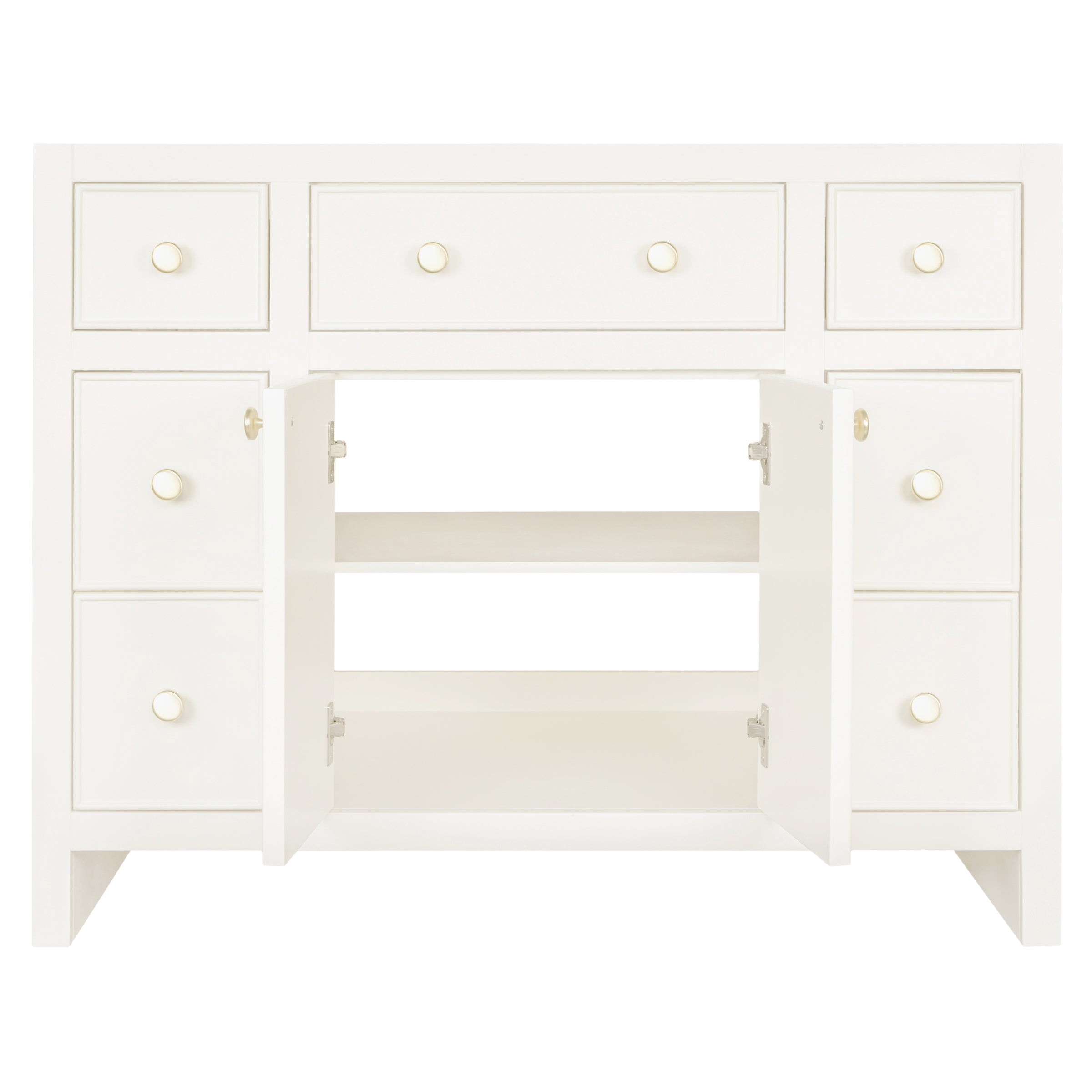 White vanity cabinet with multiple drawers and open central double doors showing two shelves inside