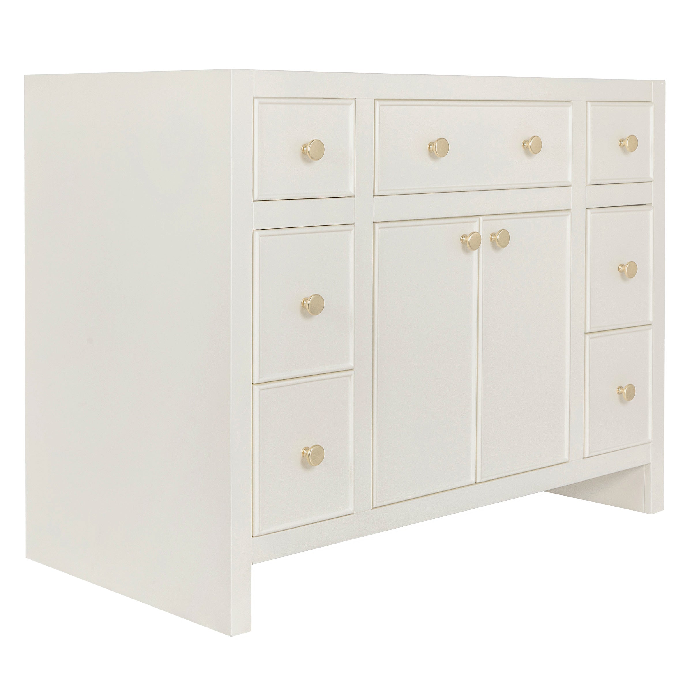 Cream-colored wooden storage cabinet with multiple drawers and two central doors with round knobs visible from an angle
