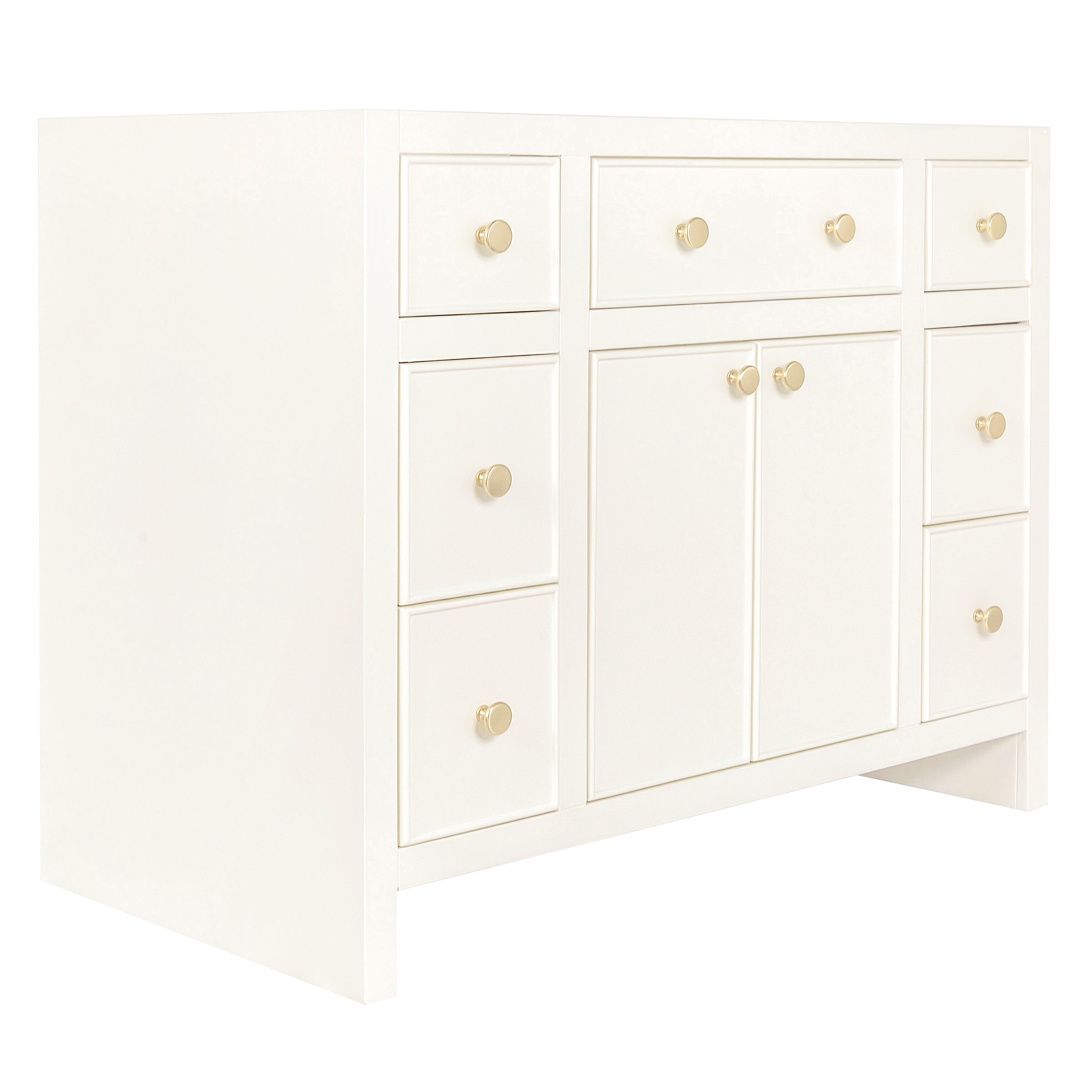 White wooden cabinet with multiple drawers and doors, featuring round golden knobs, simple and modern design.