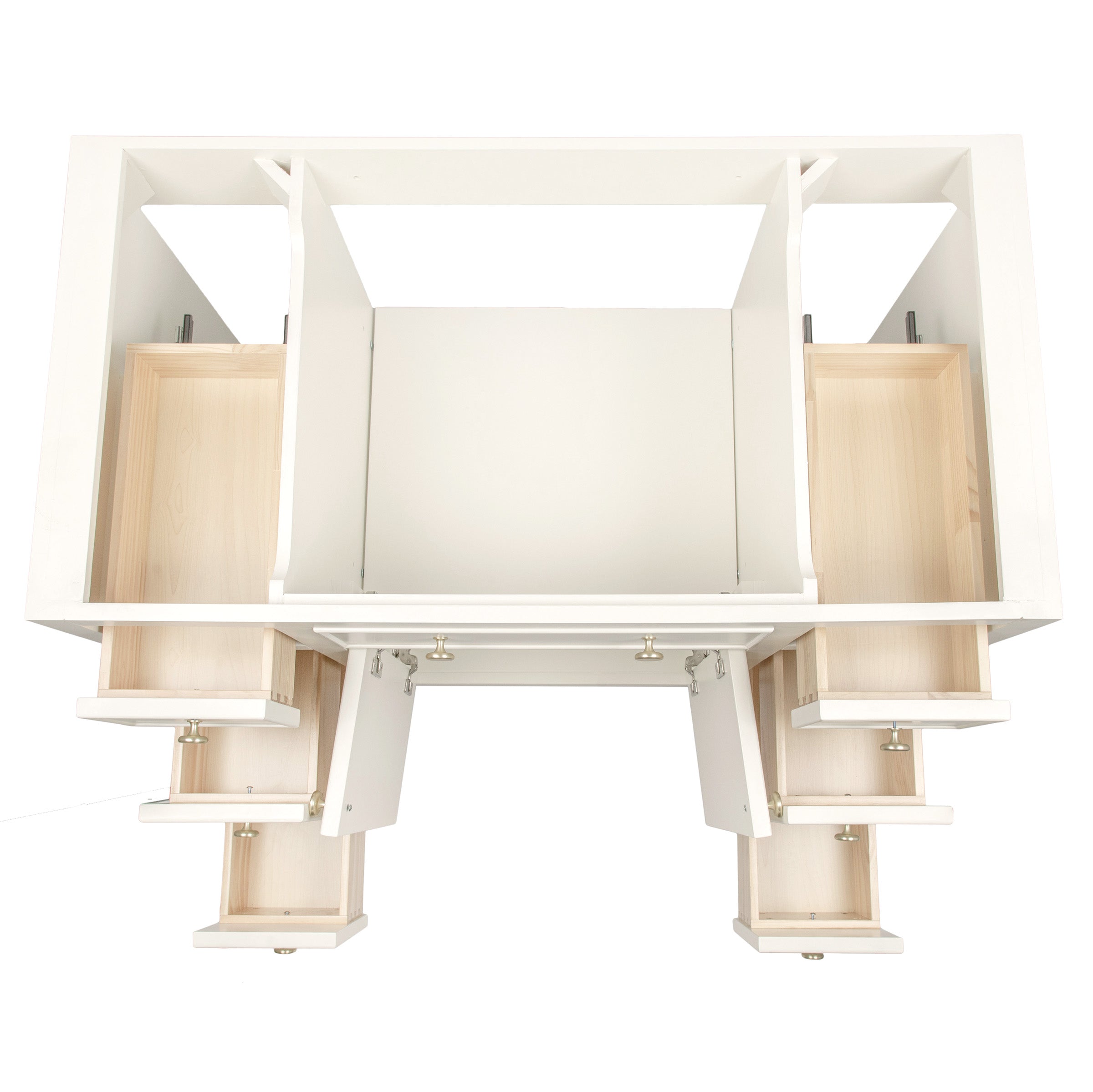 Top-down view of a white bathroom vanity showing open doors and natural wood drawers with metal knobs inside compartments