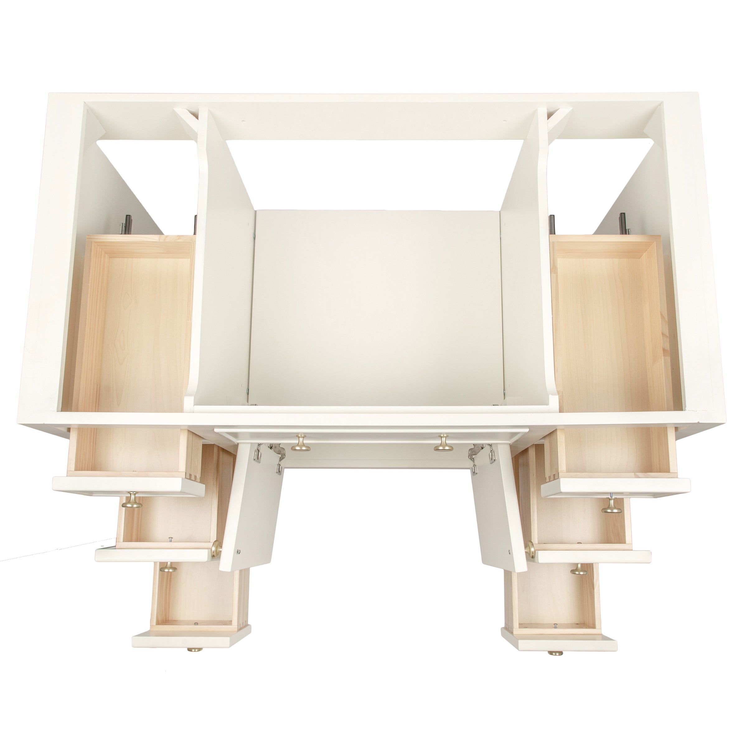 Overhead view of white wooden bathroom vanity with multiple open drawers and cabinet compartments visible inside