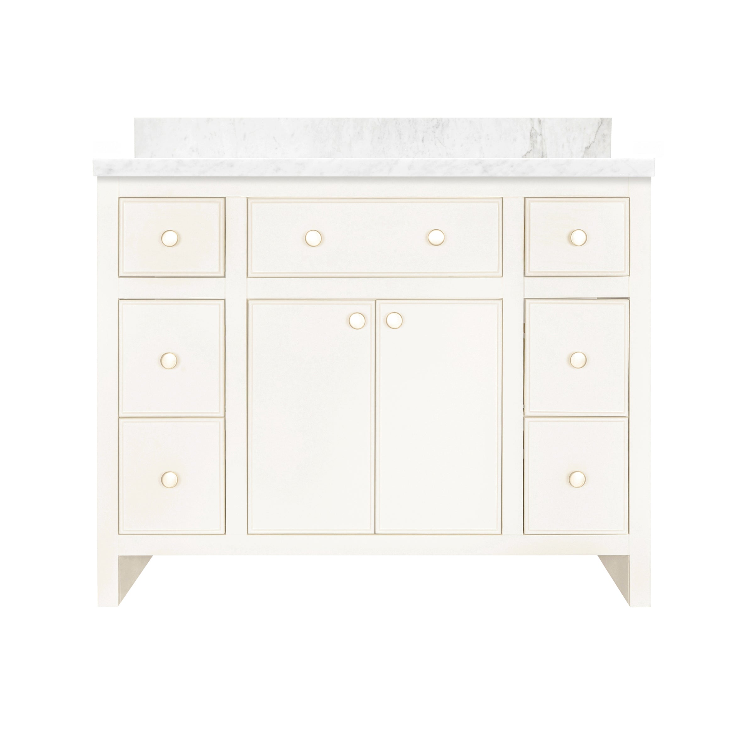 The Harlow Bathroom Vanity in taupe with inset doors, round knobs, and marble top from Bathroom Vanities collection
