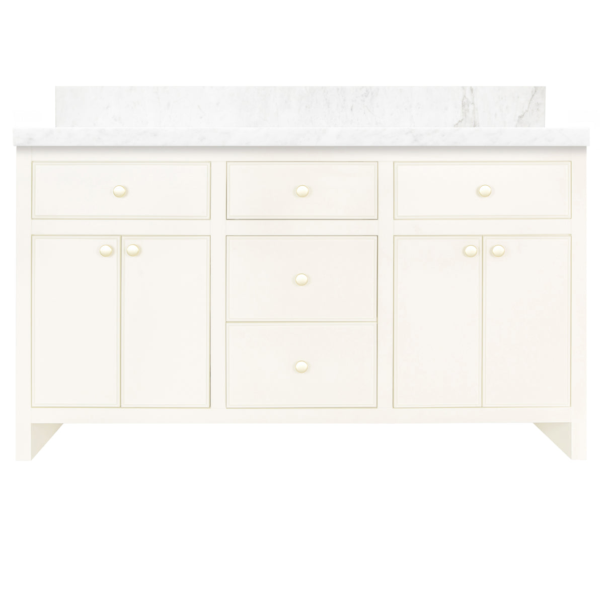 The Harlow Bathroom Vanity in beige plaster with marble effect countertop and brass knobs, sleek storage design