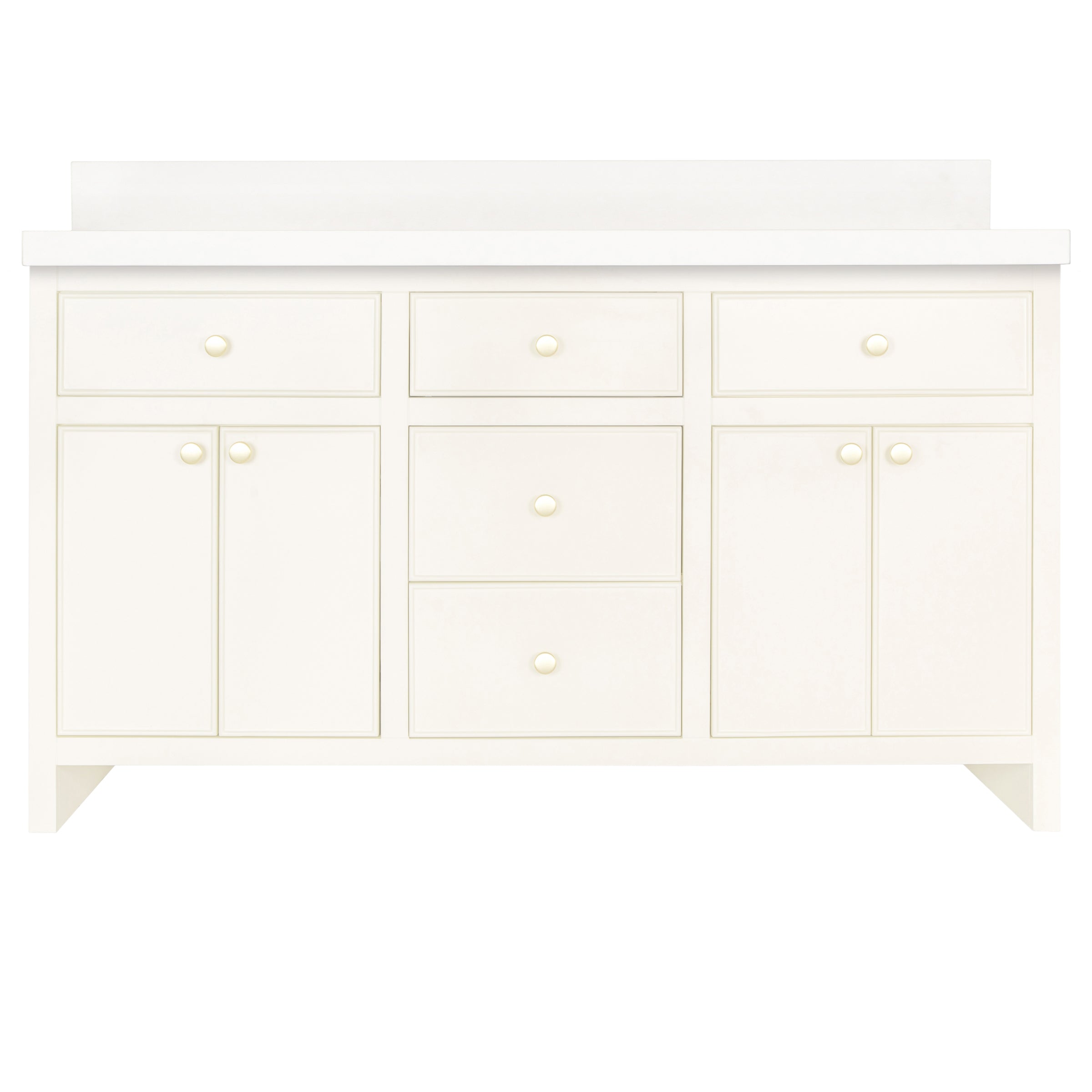 The Harlow Bathroom Vanity in cream plaster finish with multiple drawers and cabinet doors for organized storage.