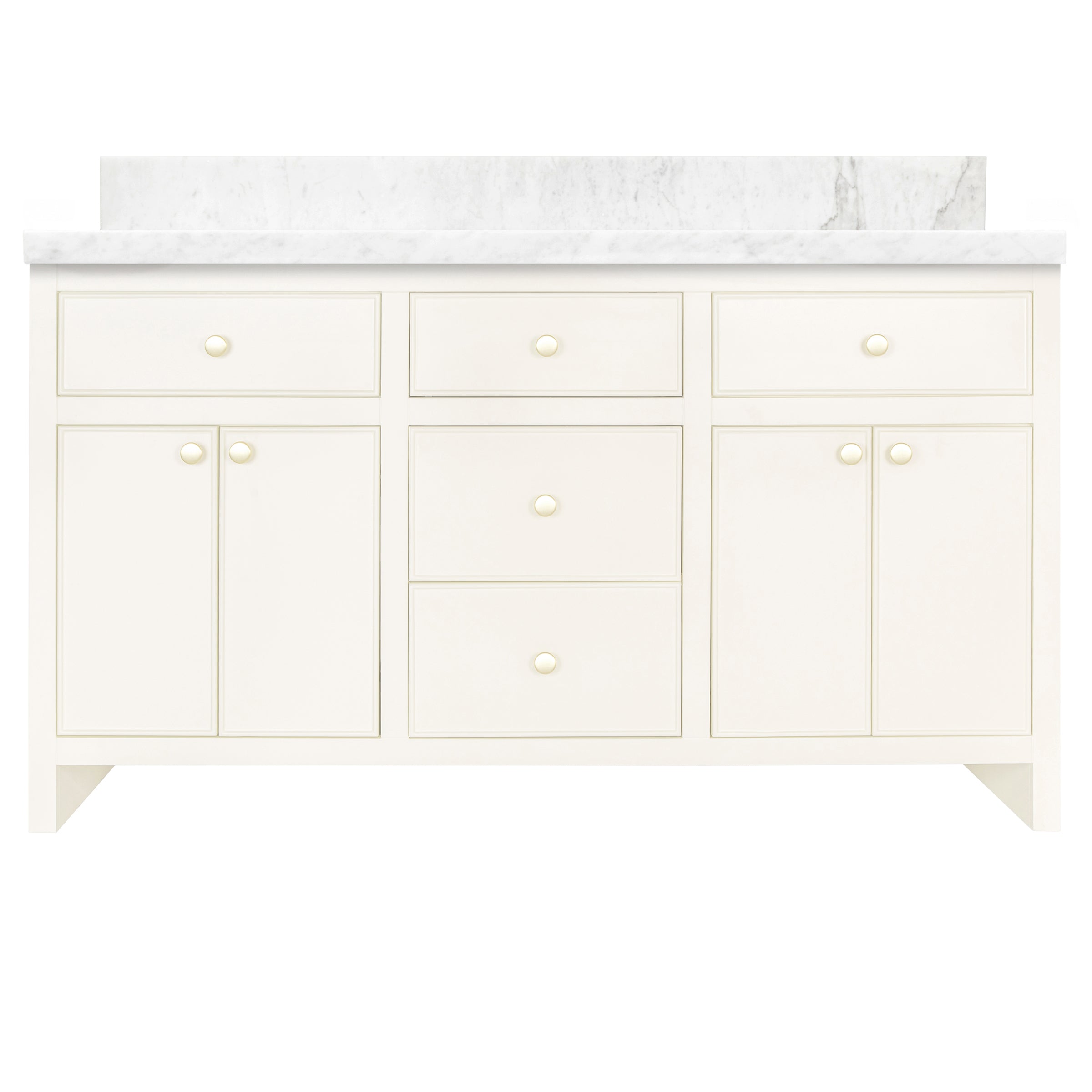 The Harlow Bathroom Vanity with plaster finish, inset doors, round knobs, and marble countertop in grey stone style