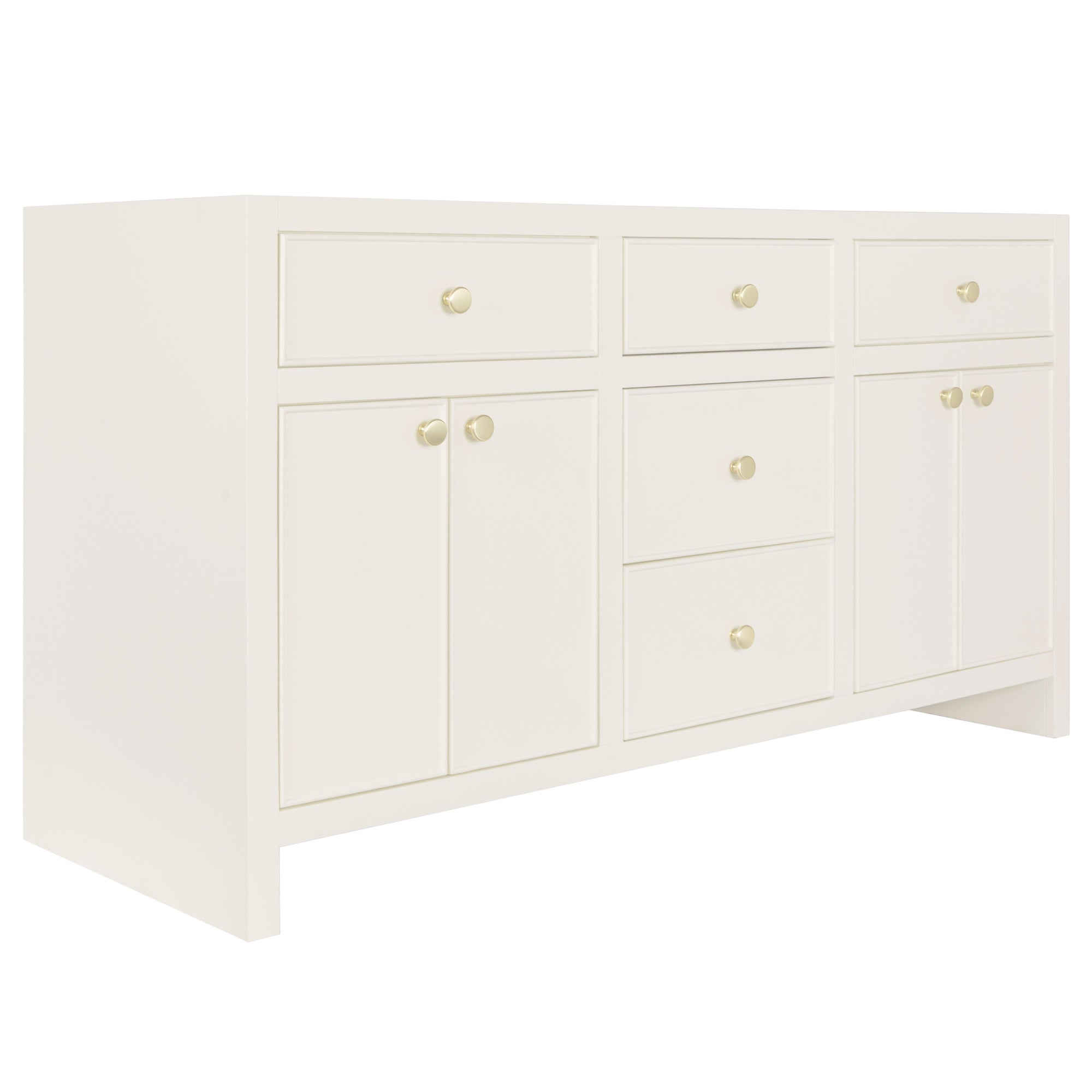 Wide cream-colored wooden vanity with multiple drawers and cupboard doors featuring round brass knobs