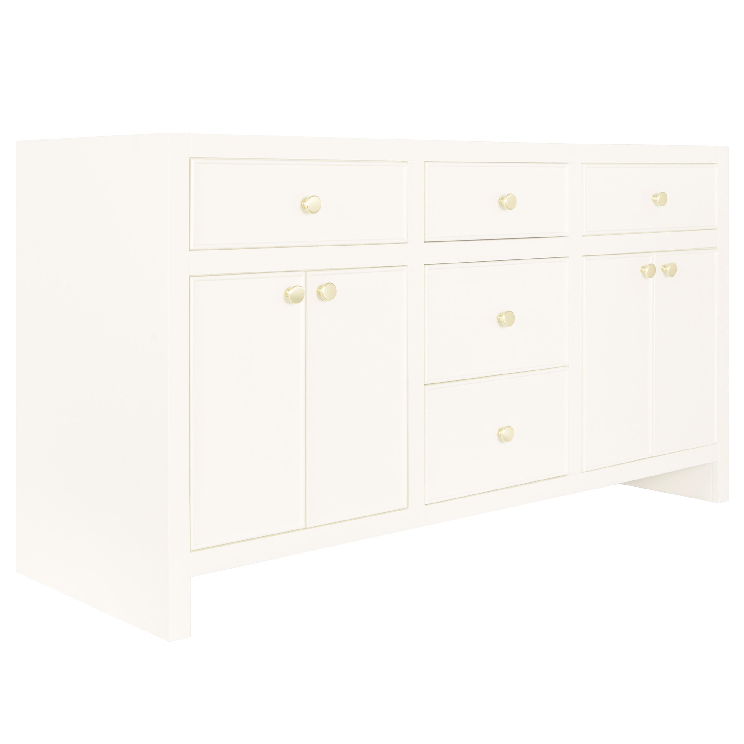 White wooden cabinet with six drawers and four doors featuring round gold knobs against a plain background