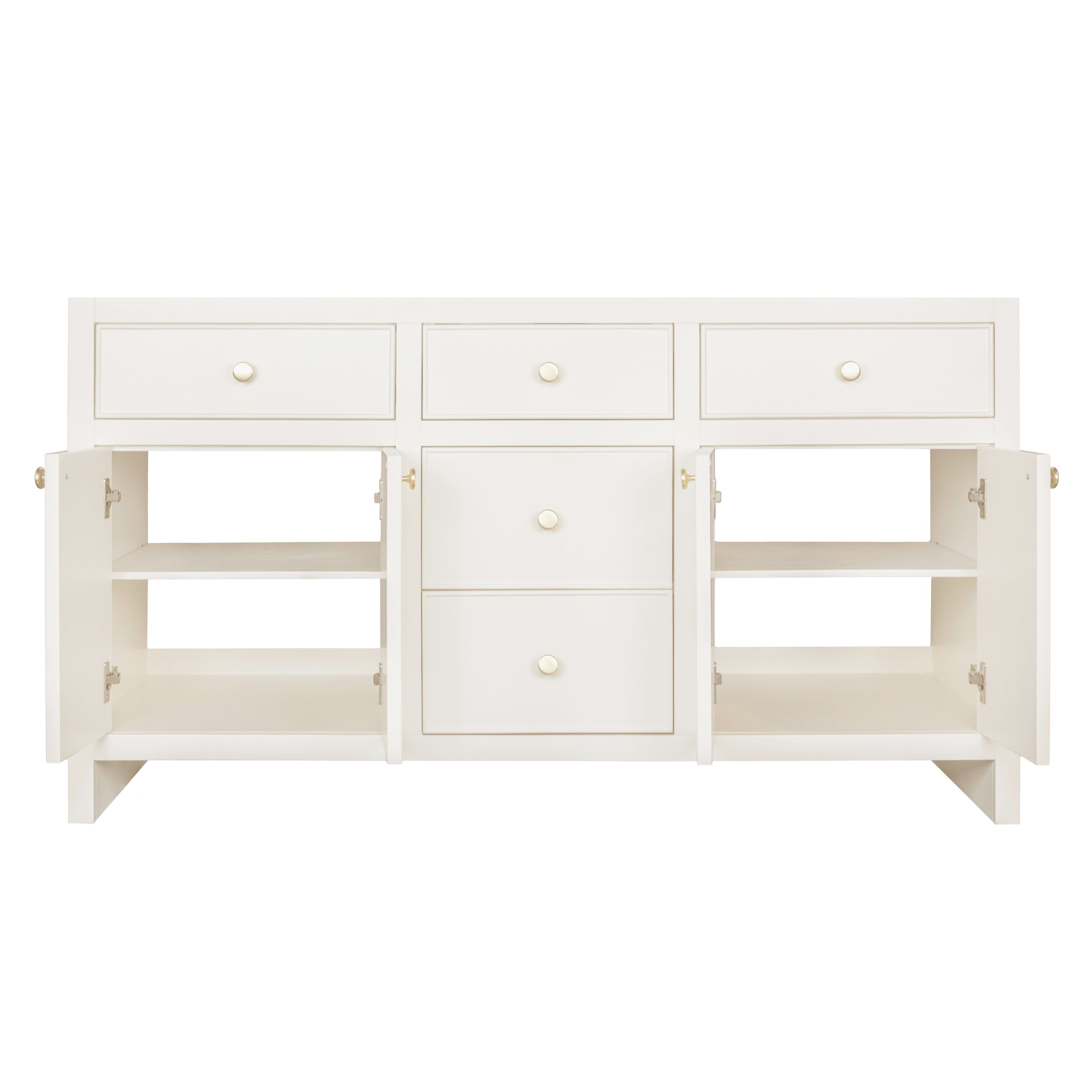White wooden console with three drawers on top and two open cabinet shelves on each side