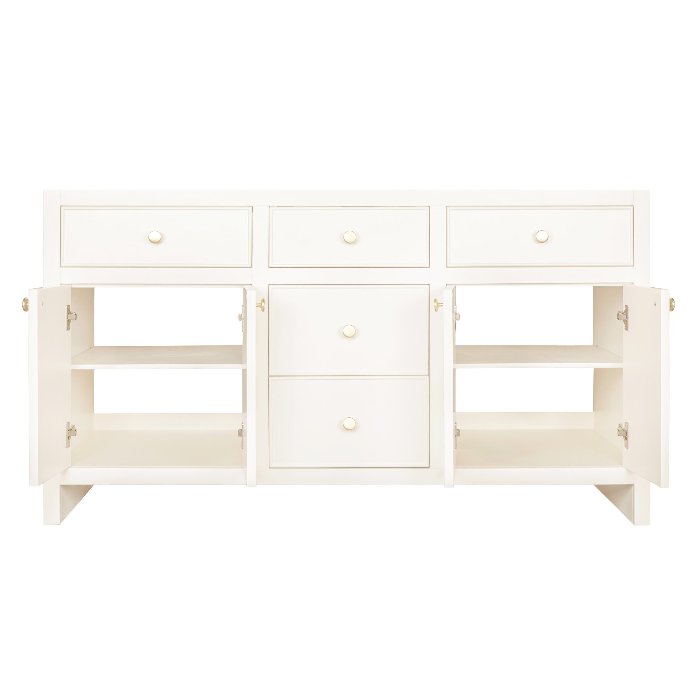 White wooden sideboard with three drawers and two open cabinets showing shelving inside