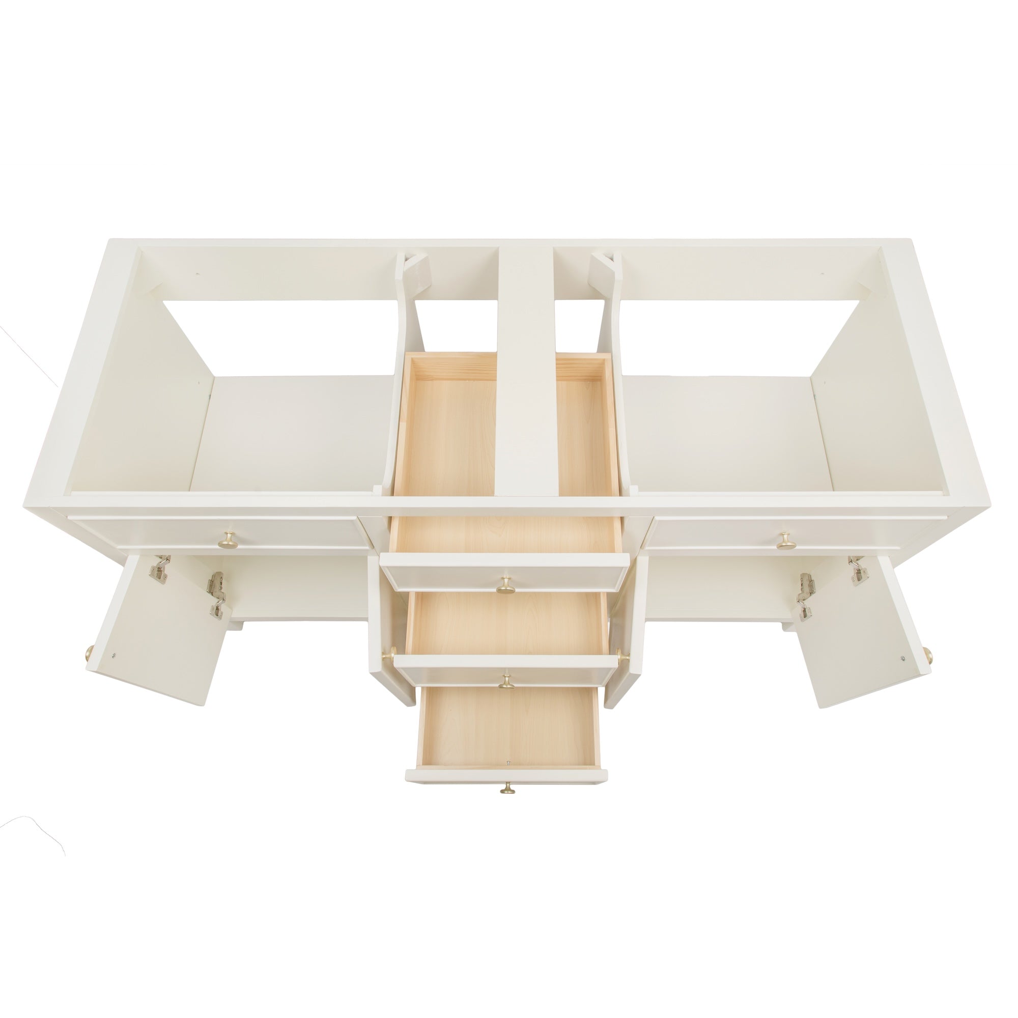 Overhead view of a white vanity frame with three central drawers open and side cabinet doors opened wide
