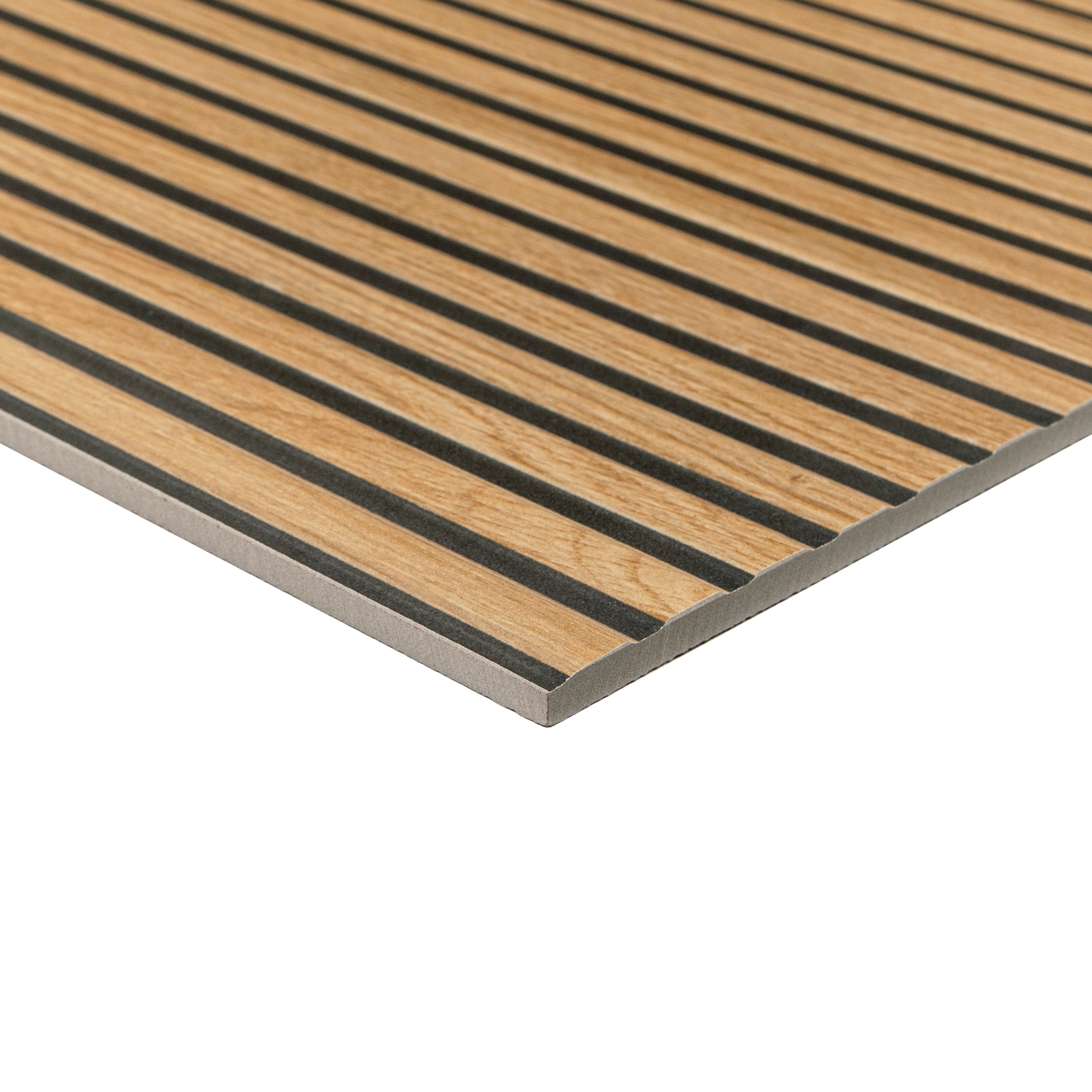 Thin rectangular panel with honey-toned wood grain and narrow black grooves for modern flooring or wall accents