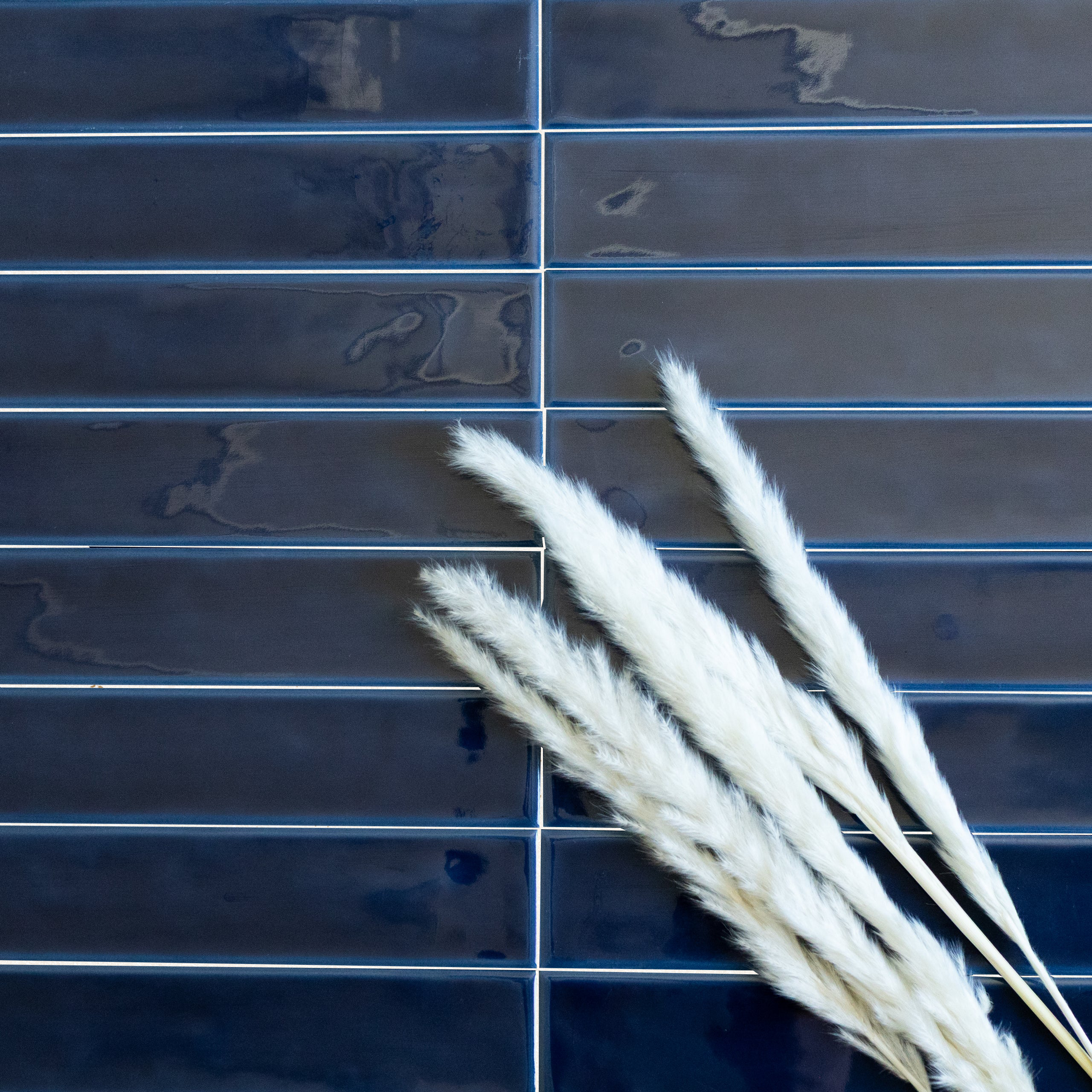 Glossy deep indigo rectangular ceramic tiles arranged horizontally with soft white pampas grass accents layered on top