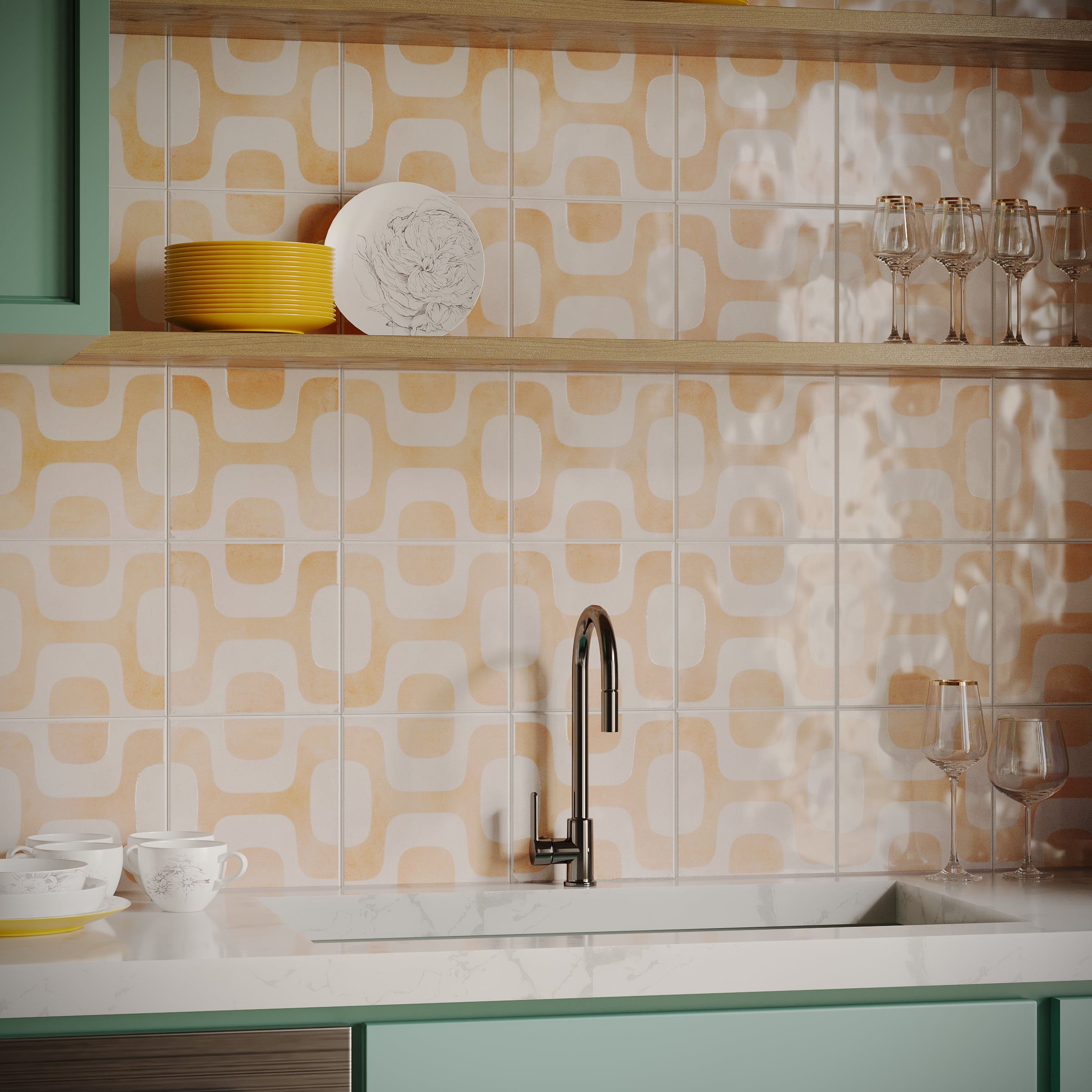 Ipanema Gloss Porcelain Tile with geometric pink and white pattern from Small Format Tiles and Artifacts Porcelain Tile collections