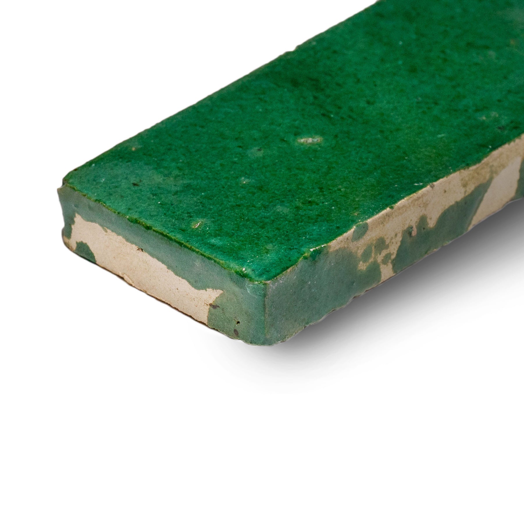 Jade Glazed Zellige Plinth in green terracotta with emerald to forest hues from Small Format Tiles and Handmade Moroccan Zellige Tiles