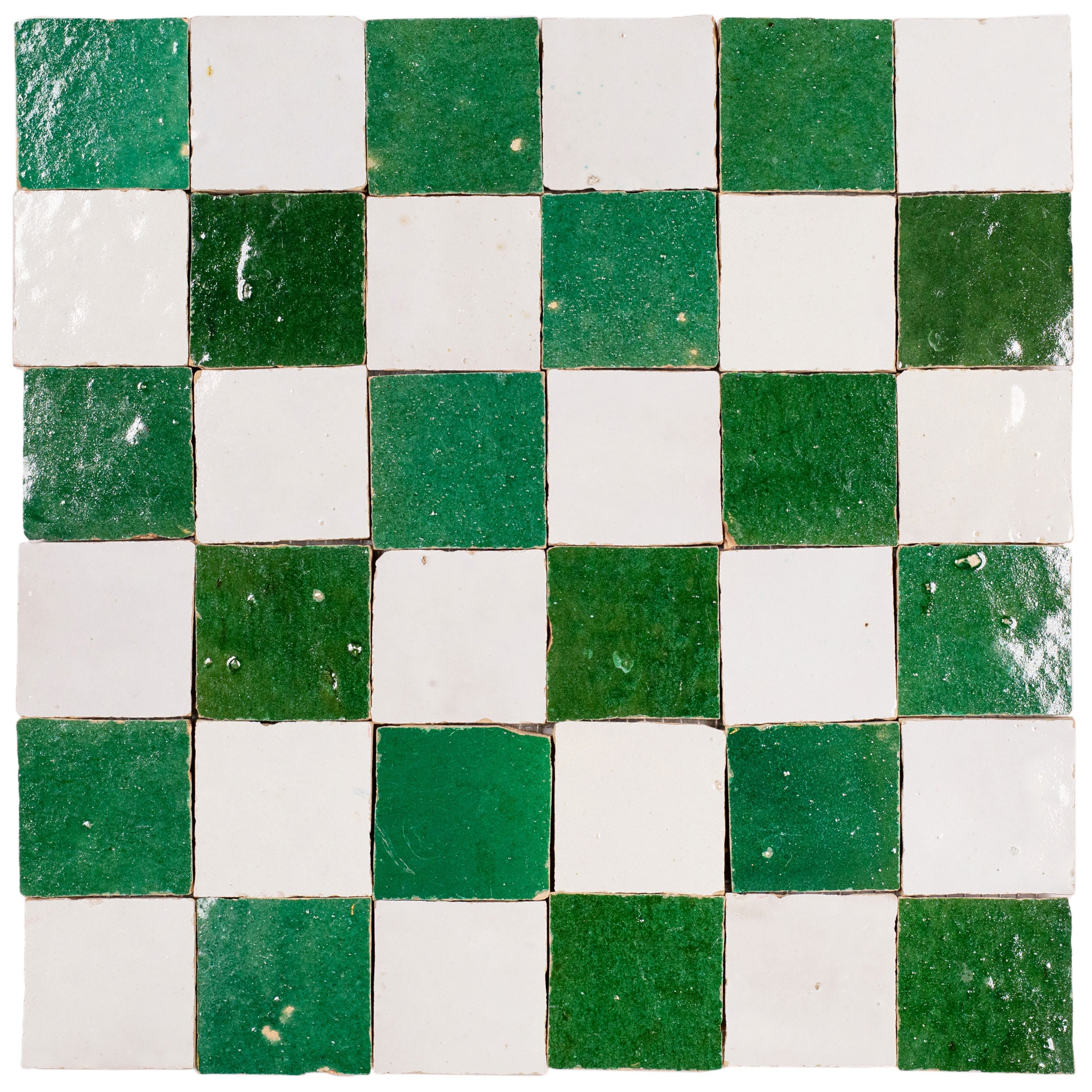 White & Jade Checkerboard Zellige Sample tile in green and white ceramic with glossy finish from SAMPLES ONLY collection