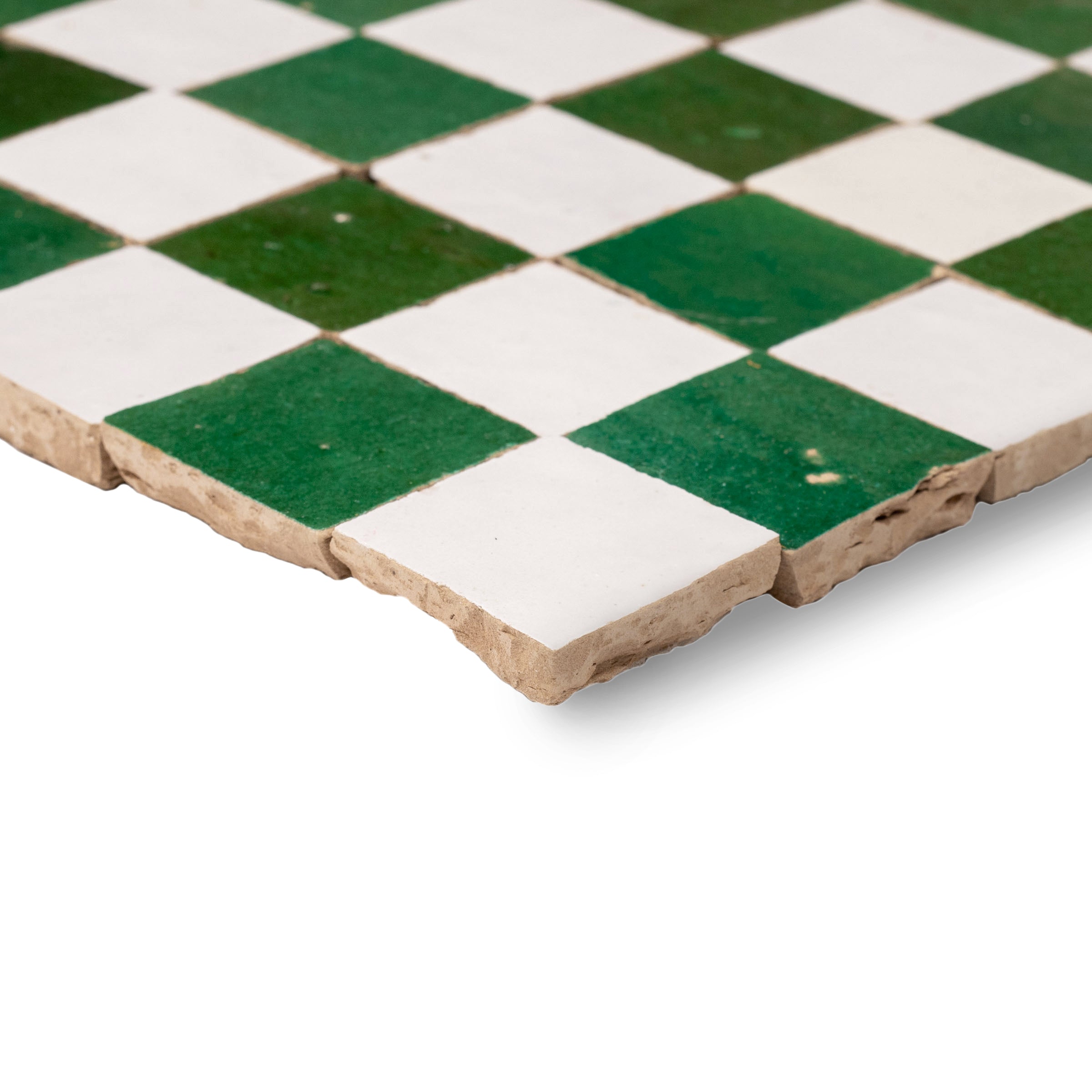White & Jade 2x2 Zellige Checkerboard Mosaic in green and white terracotta from Handmade Moroccan Zellige Tiles collection
