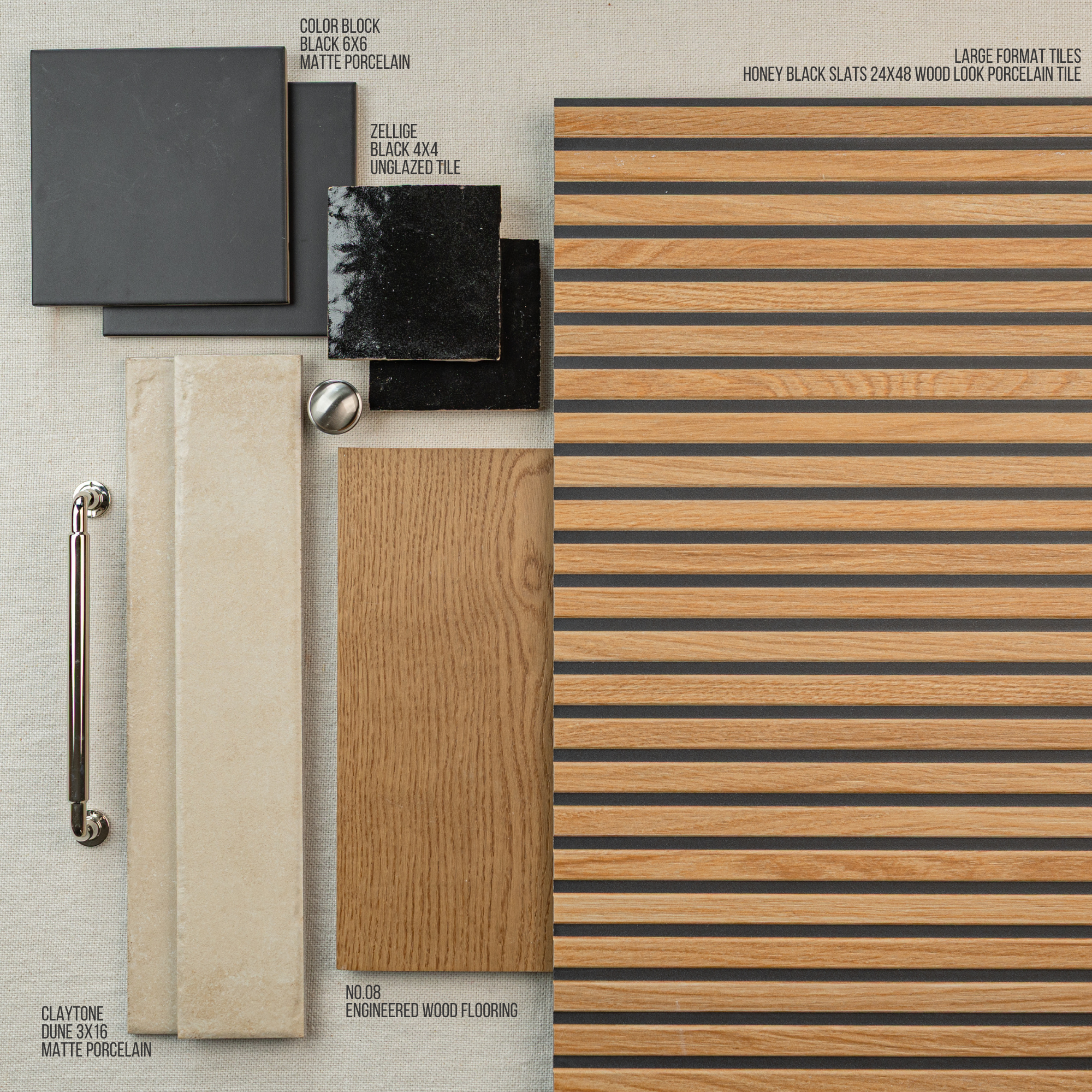 Flat layout of honey black wood-look large porcelain tiles, beige matte porcelain, black unglazed zellige tiles, engineered oak wood, and chrome hardware on neutral fabric