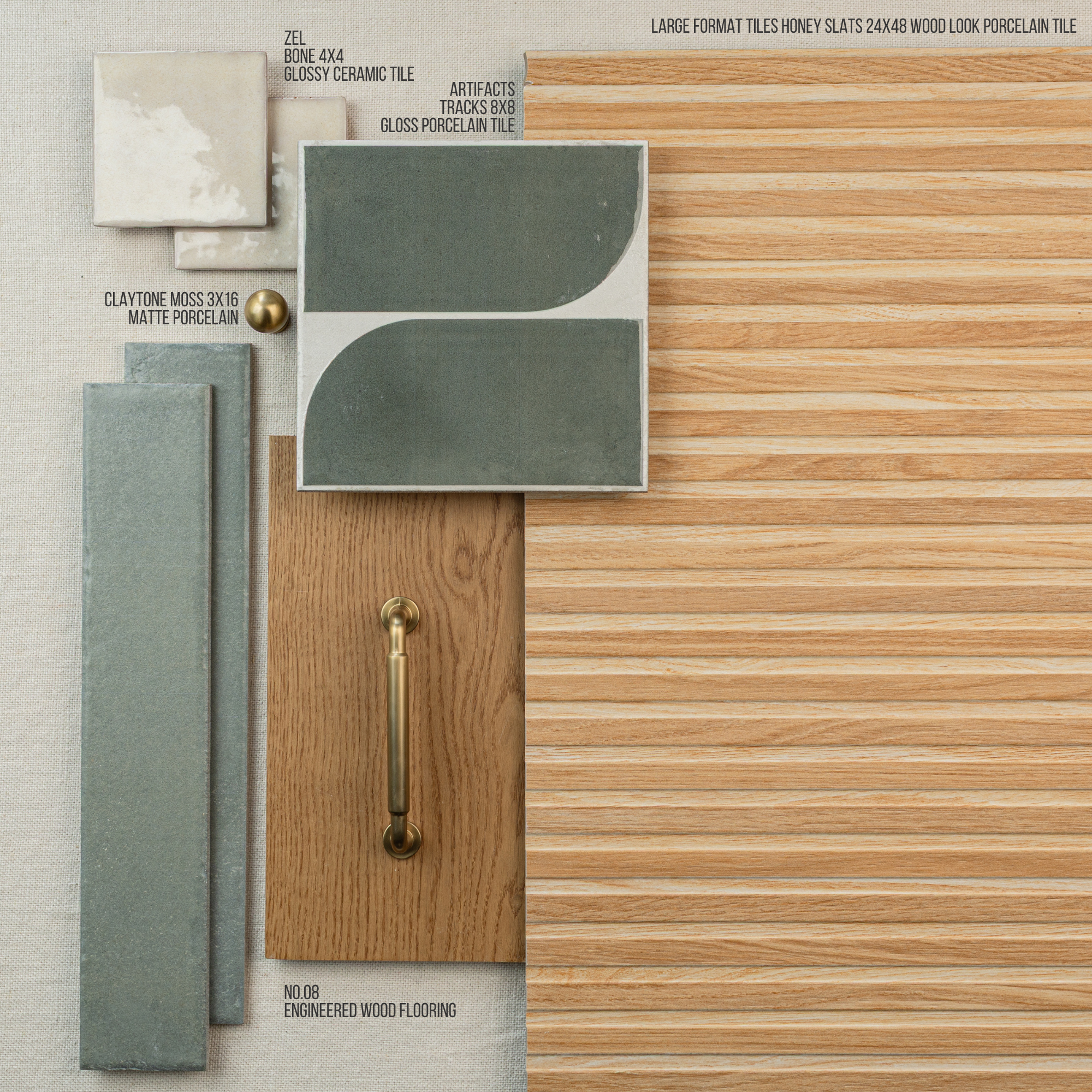 Flat layout of honey wood-look large format tile, green ceramic tiles, engineered oak wood flooring, and brass hardware on neutral fabric